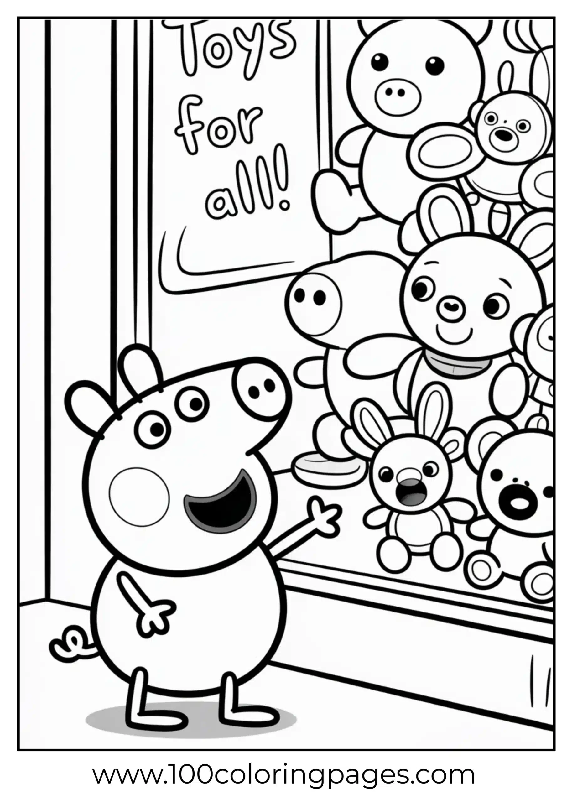 Peppa Pig at toy store window with plush toys coloring page