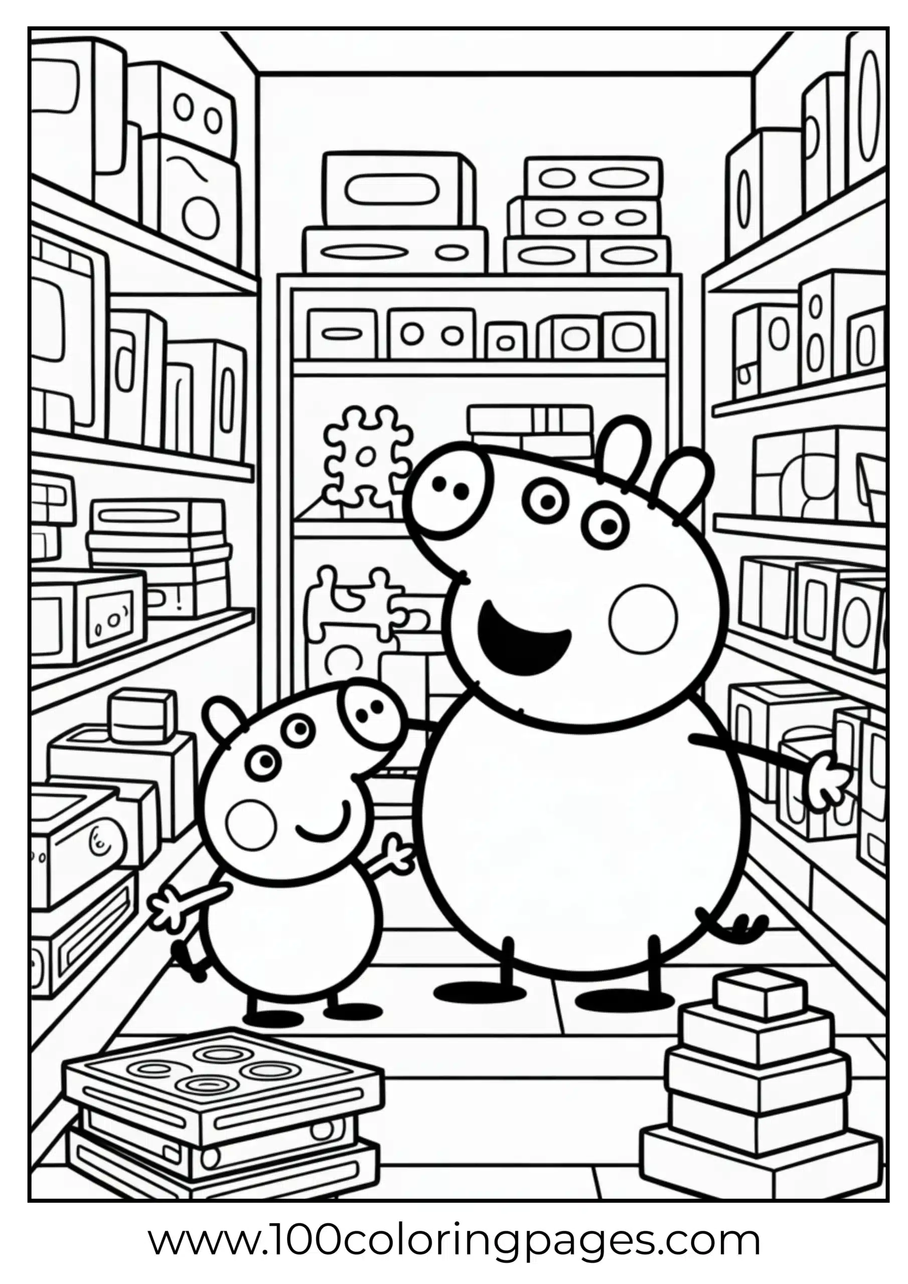 Peppa and George exploring toy shelves coloring page