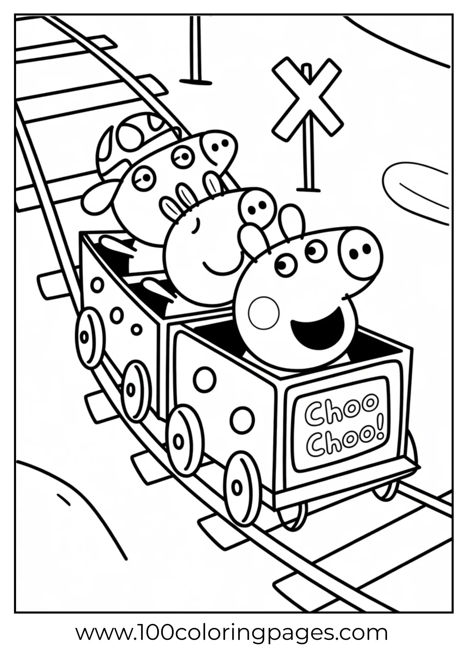 Peppa Pig riding train with friends coloring page