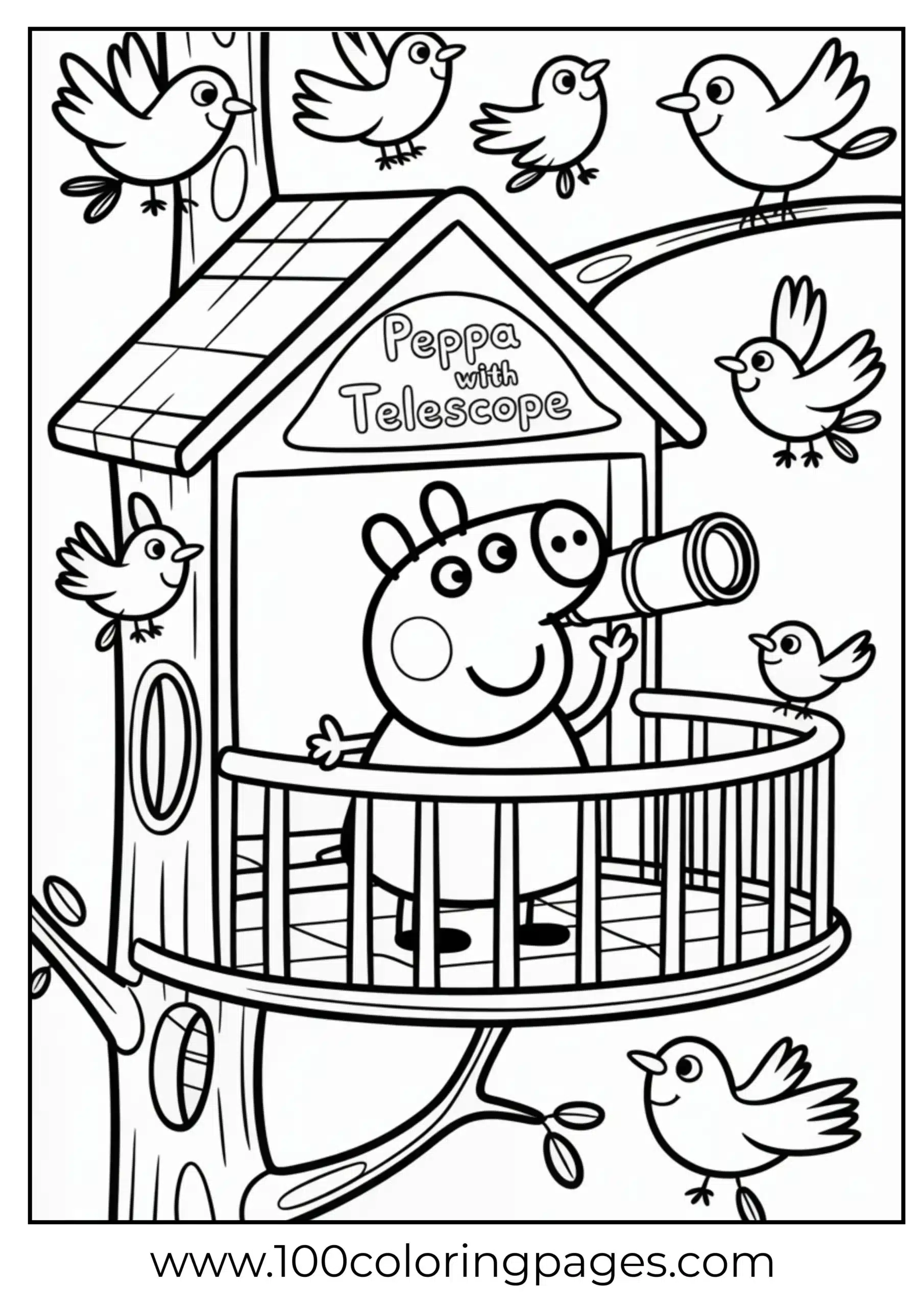 Peppa looking through telescope in treehouse coloring page