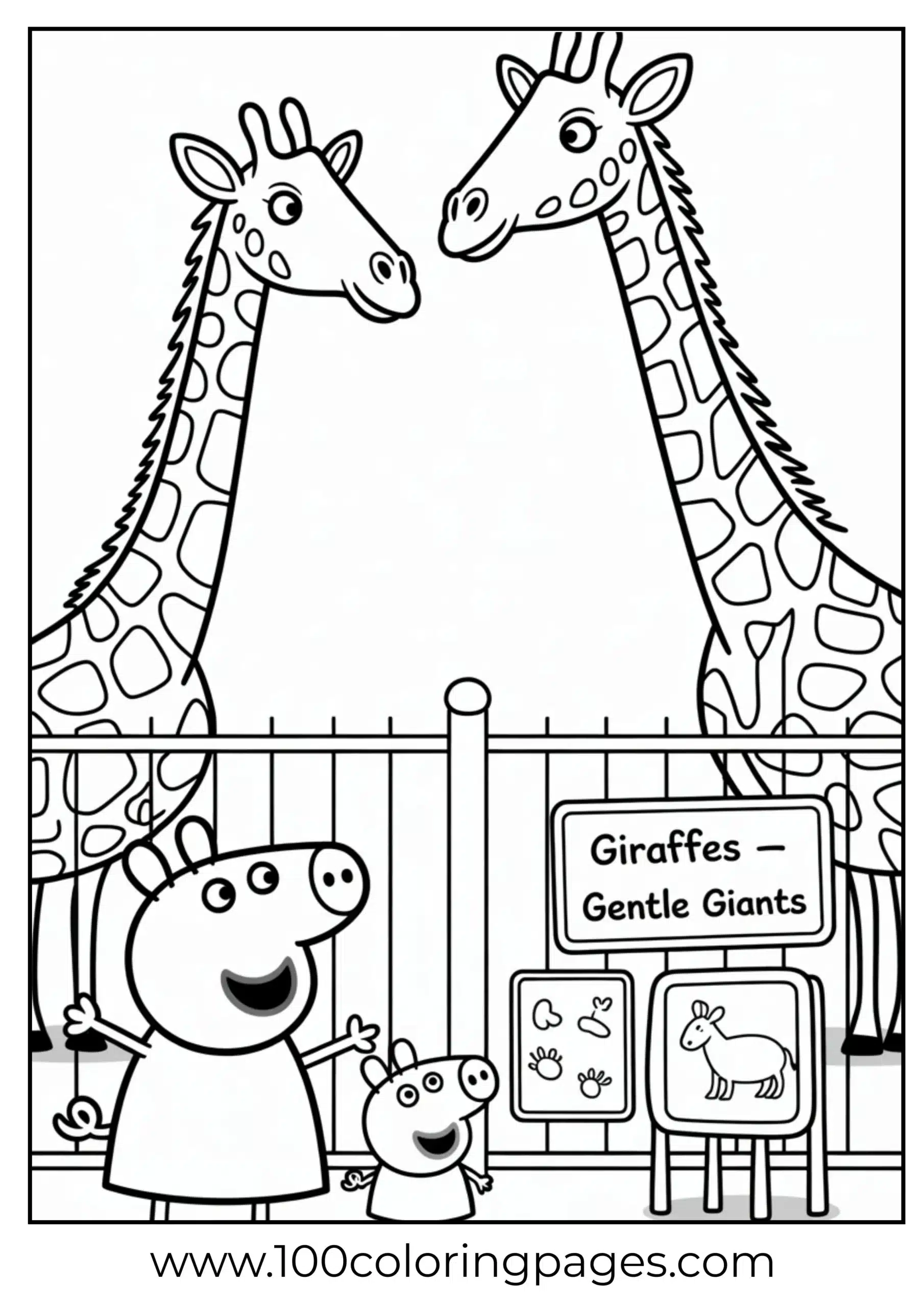Peppa Pig at zoo watching giraffes coloring page