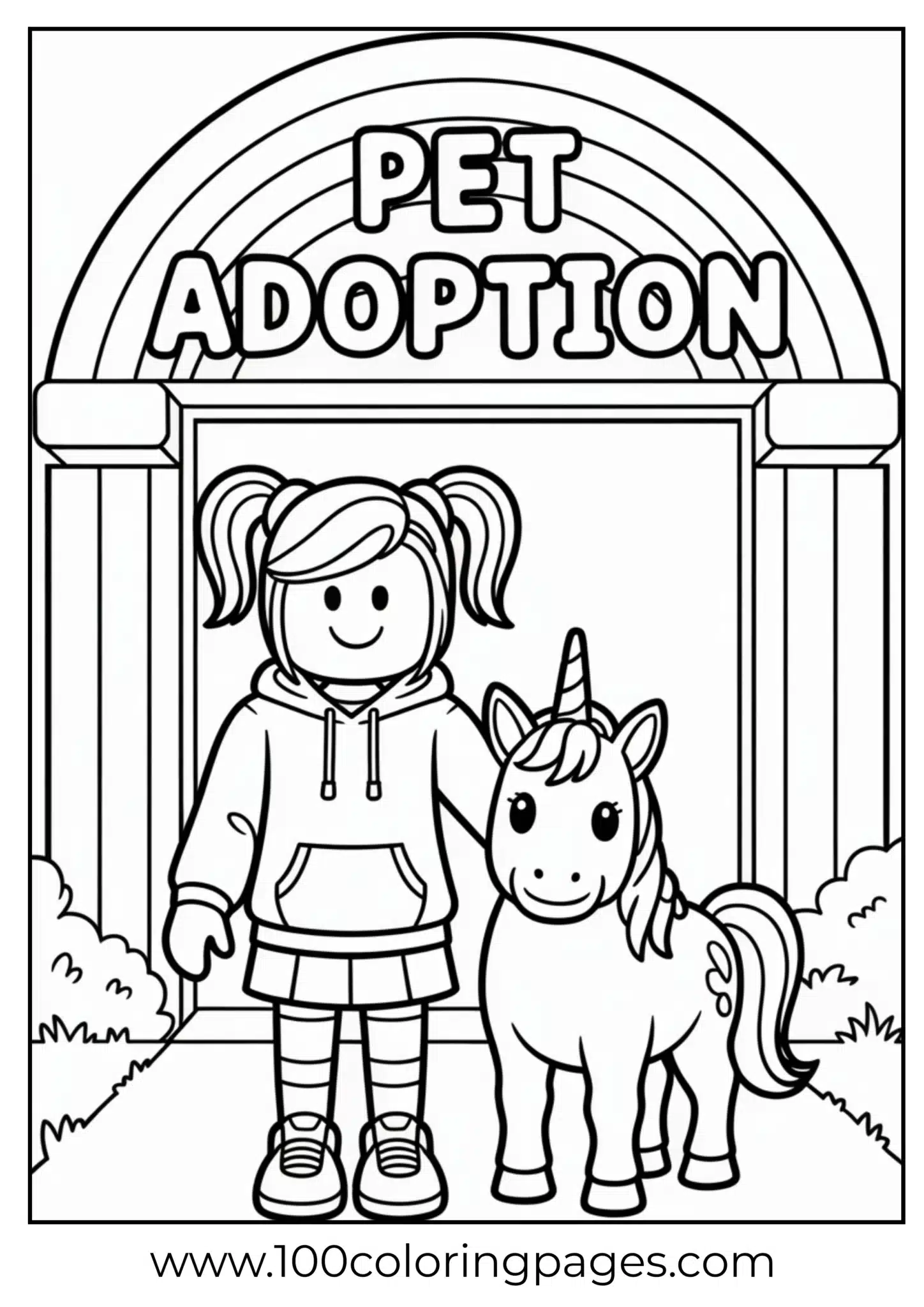 Girl with a unicorn under a Pet Adoption sign.