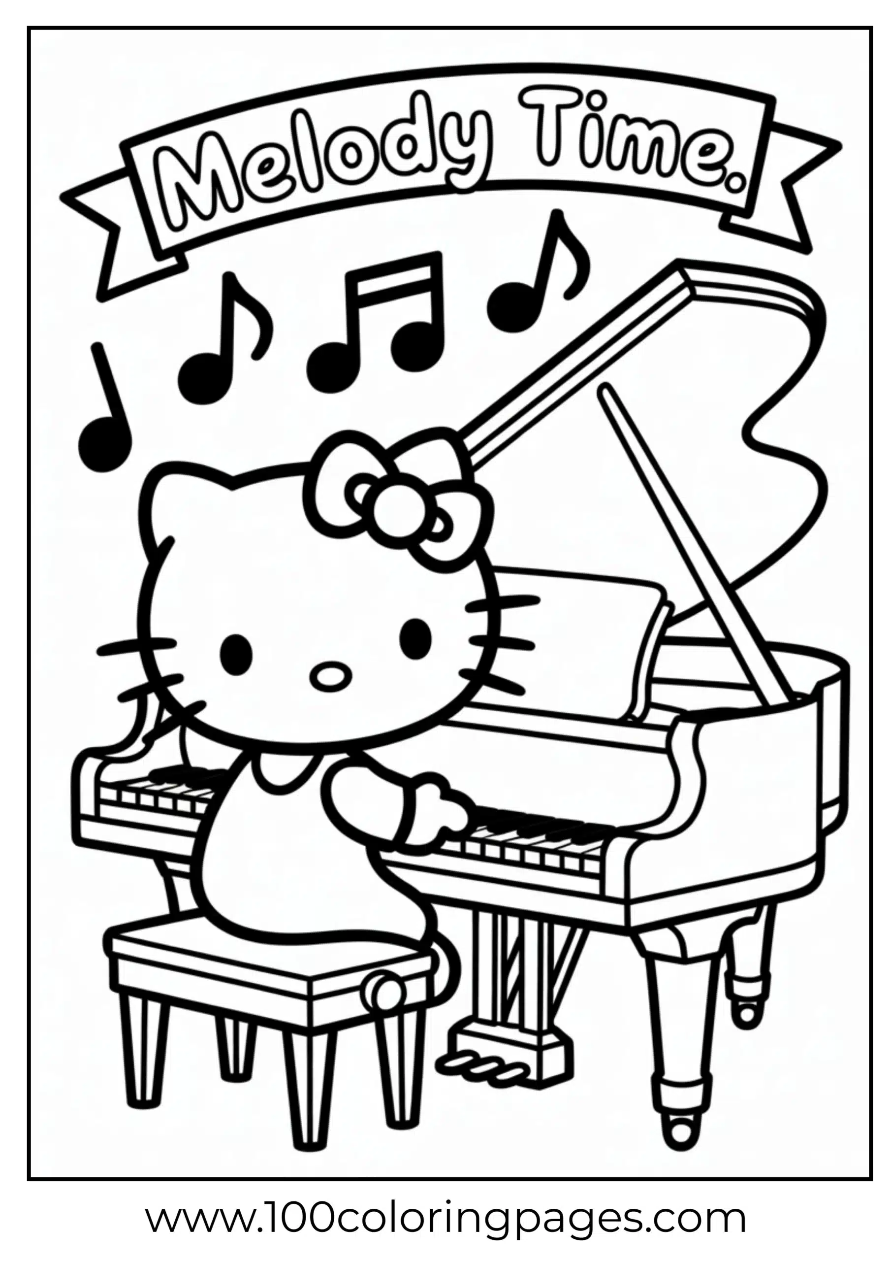 Hello Kitty playing piano coloring page