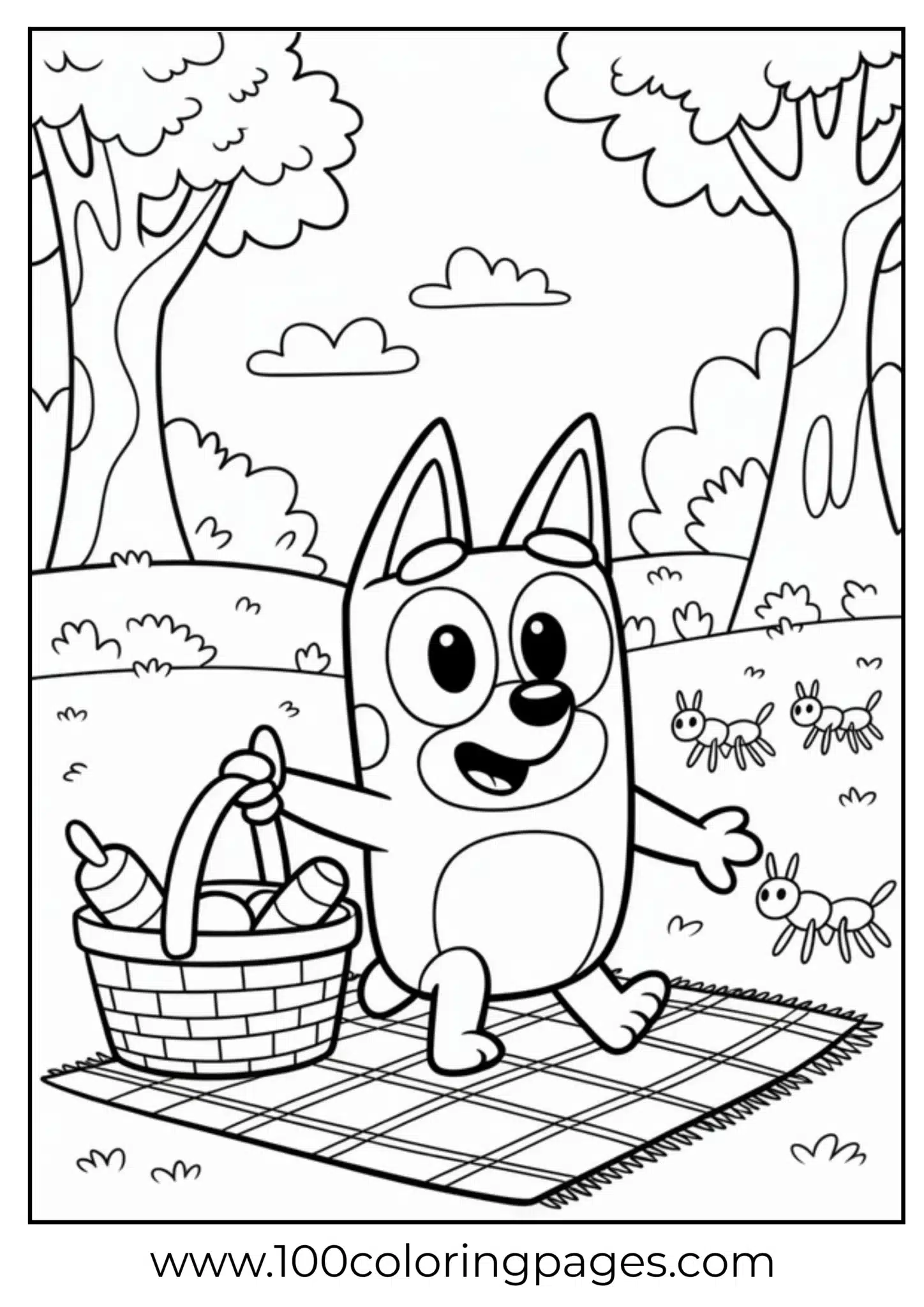 Friendly dog on picnic blanket with basket and ants