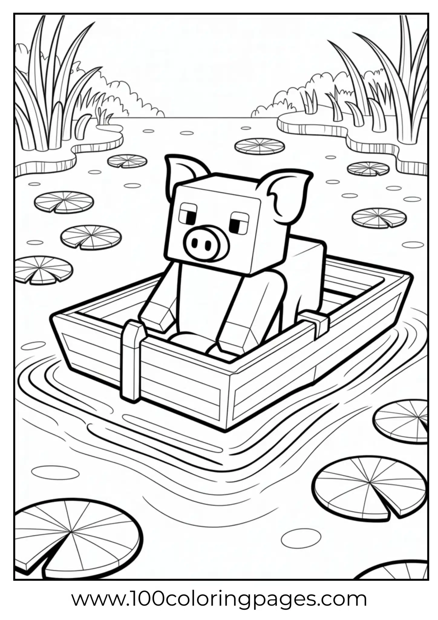 Pig gently rowing a boat on a serene pond