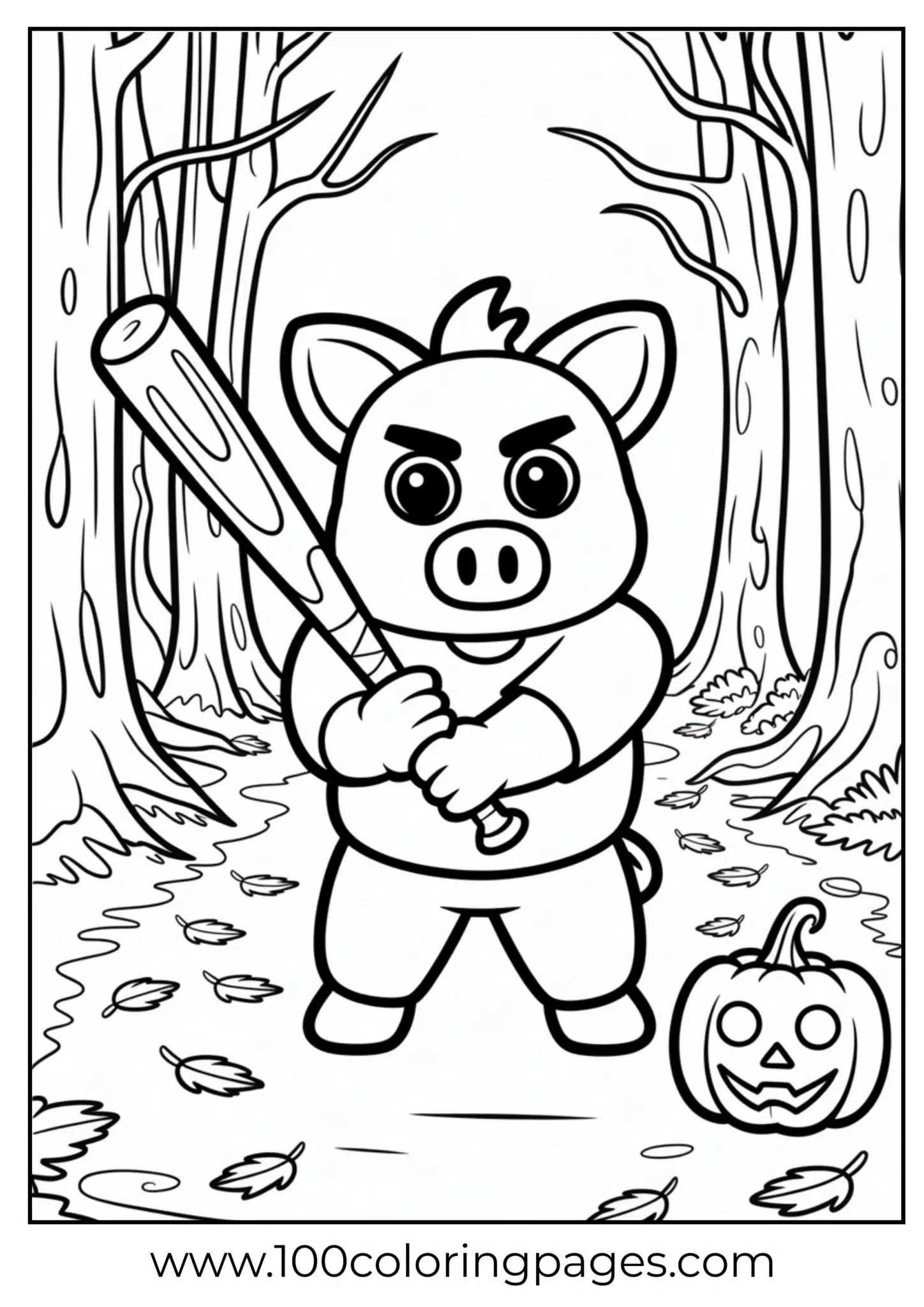 Cartoon pig holding a baseball bat in a forest scene