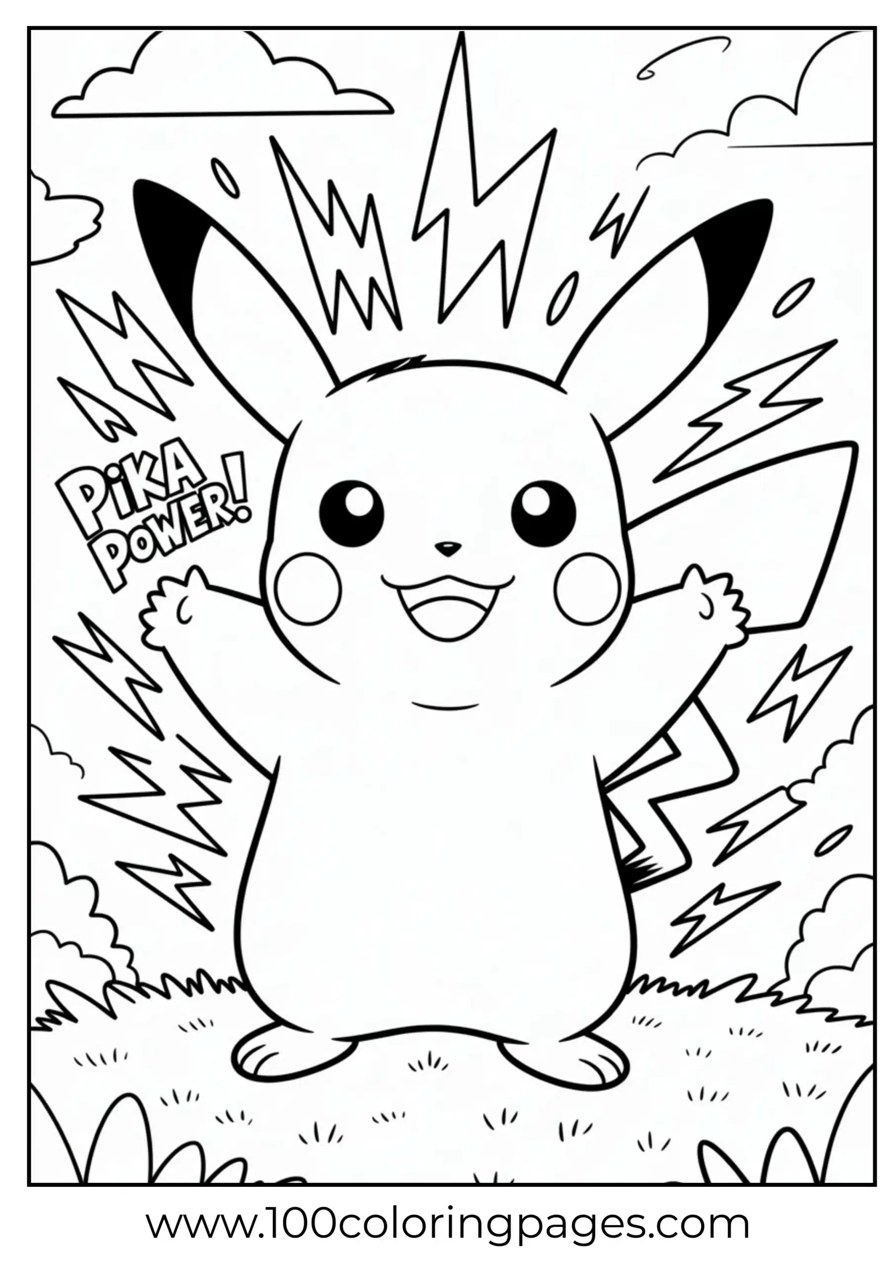 Pikachu standing with arms raised, tail lightning bolt