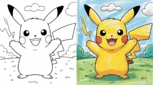 Side-by-side Pikachu coloring page showing uncolored and colored version of happy Pikachu standing in a grassy field with raised arms and lightning bolts in the background.