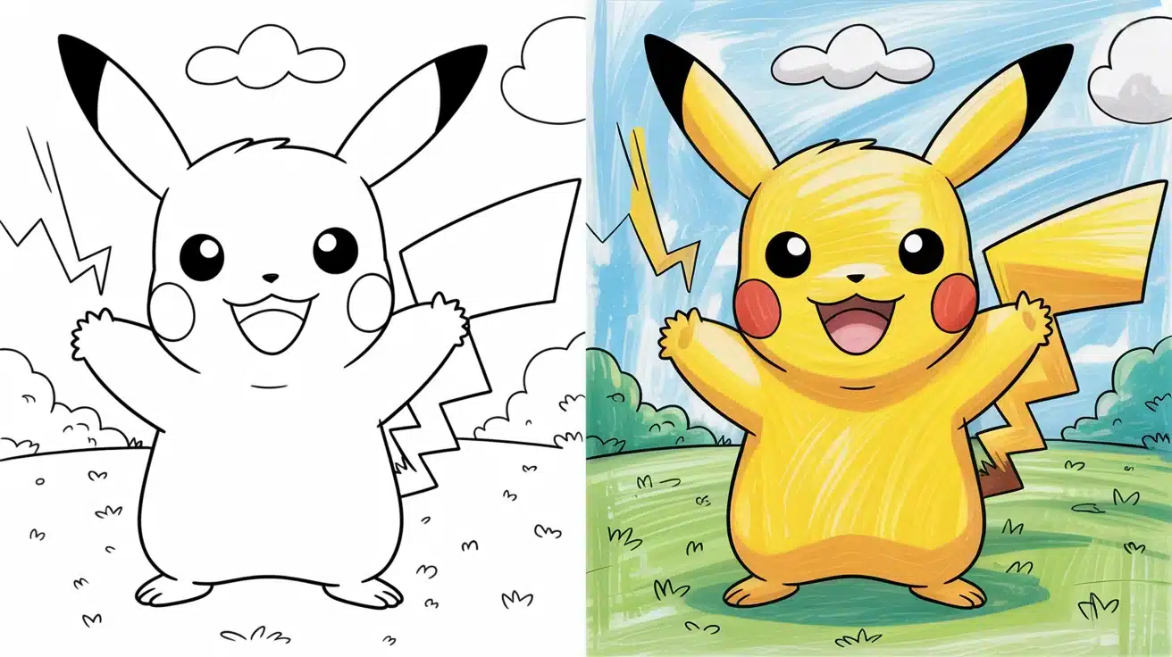 Side-by-side Pikachu coloring page showing uncolored and colored version of happy Pikachu standing in a grassy field with raised arms and lightning bolts in the background.