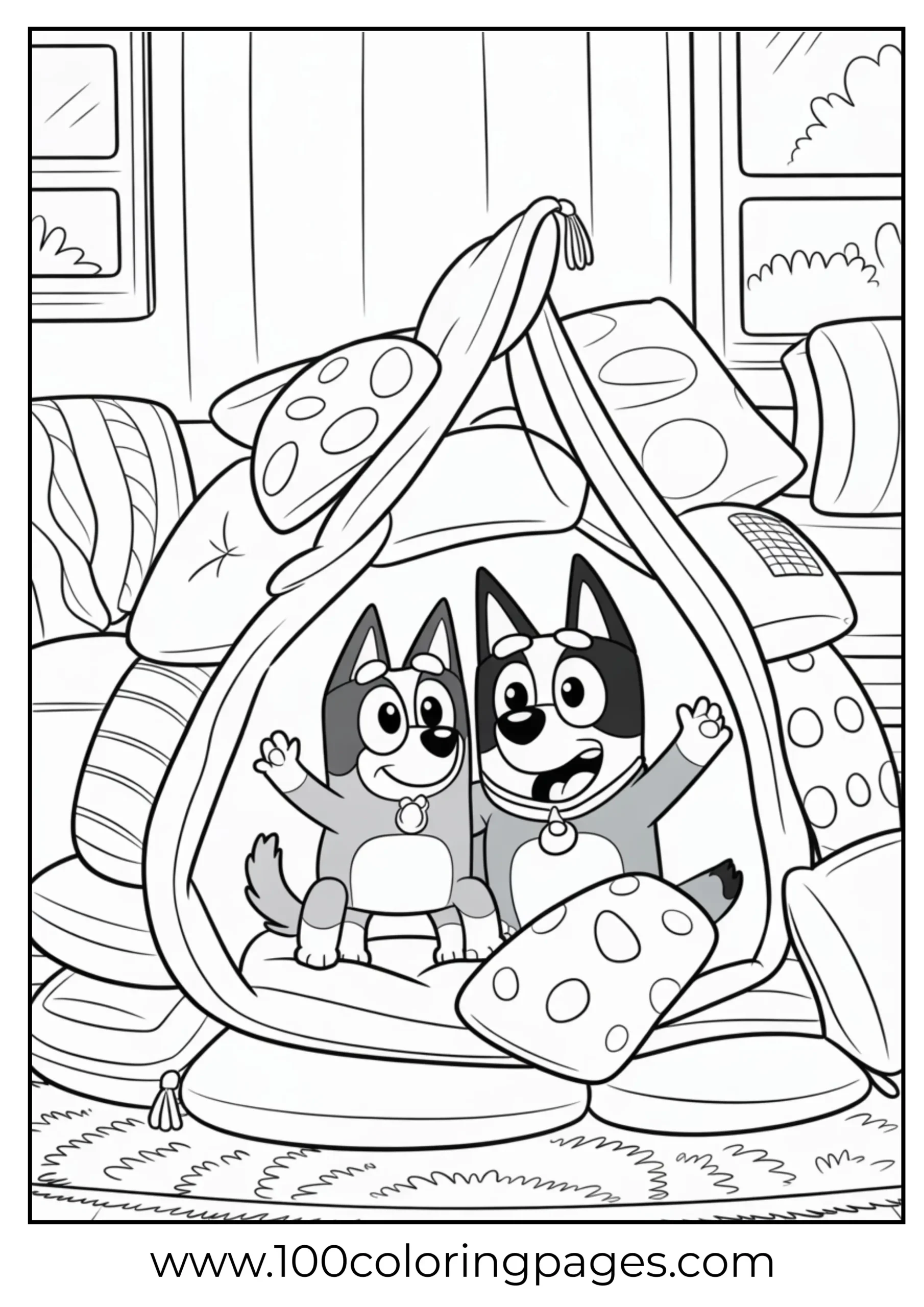 Bluey and Bingo pillow fort coloring page