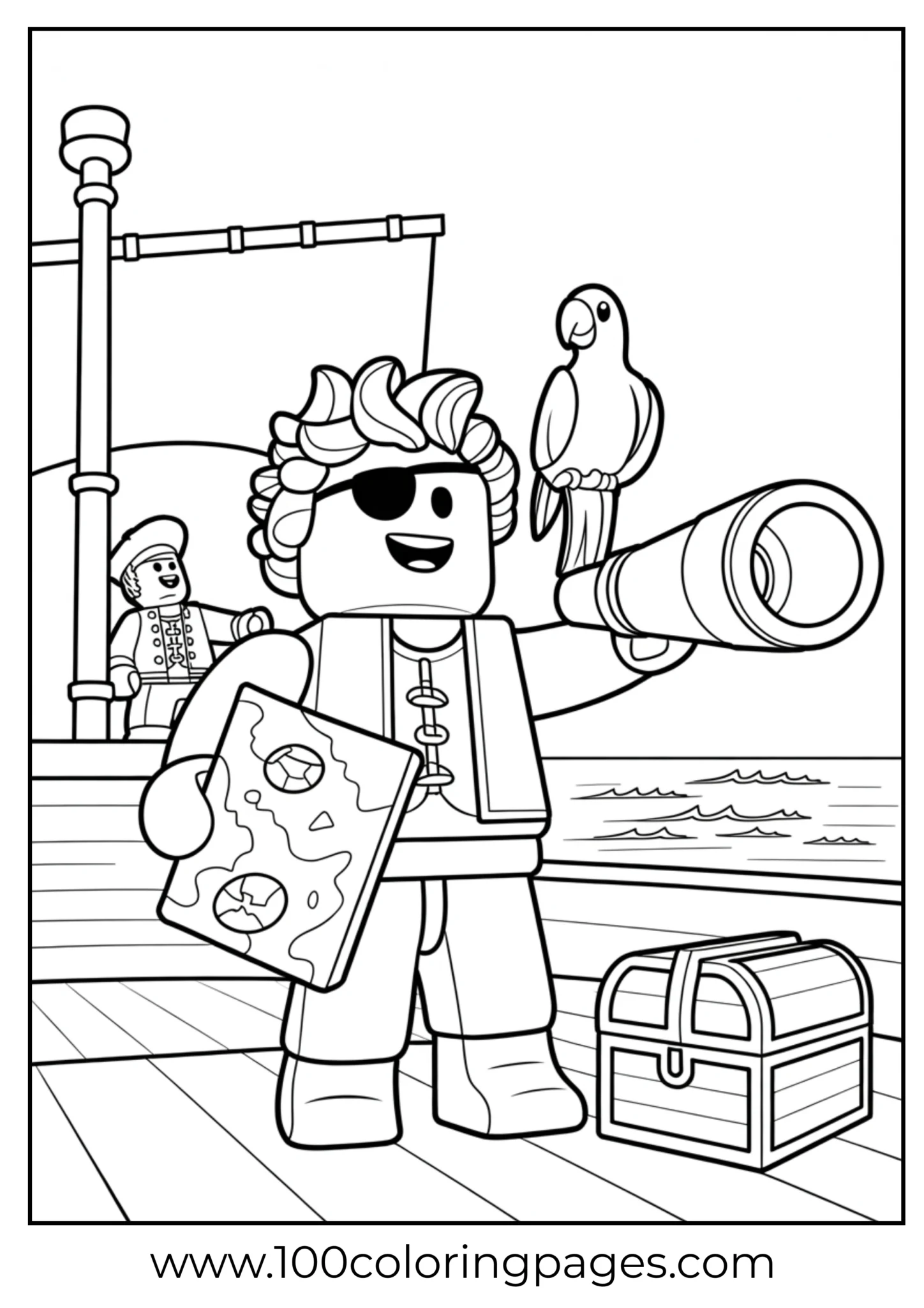 Coloring page of a pirate with a map and parrot on a dock
