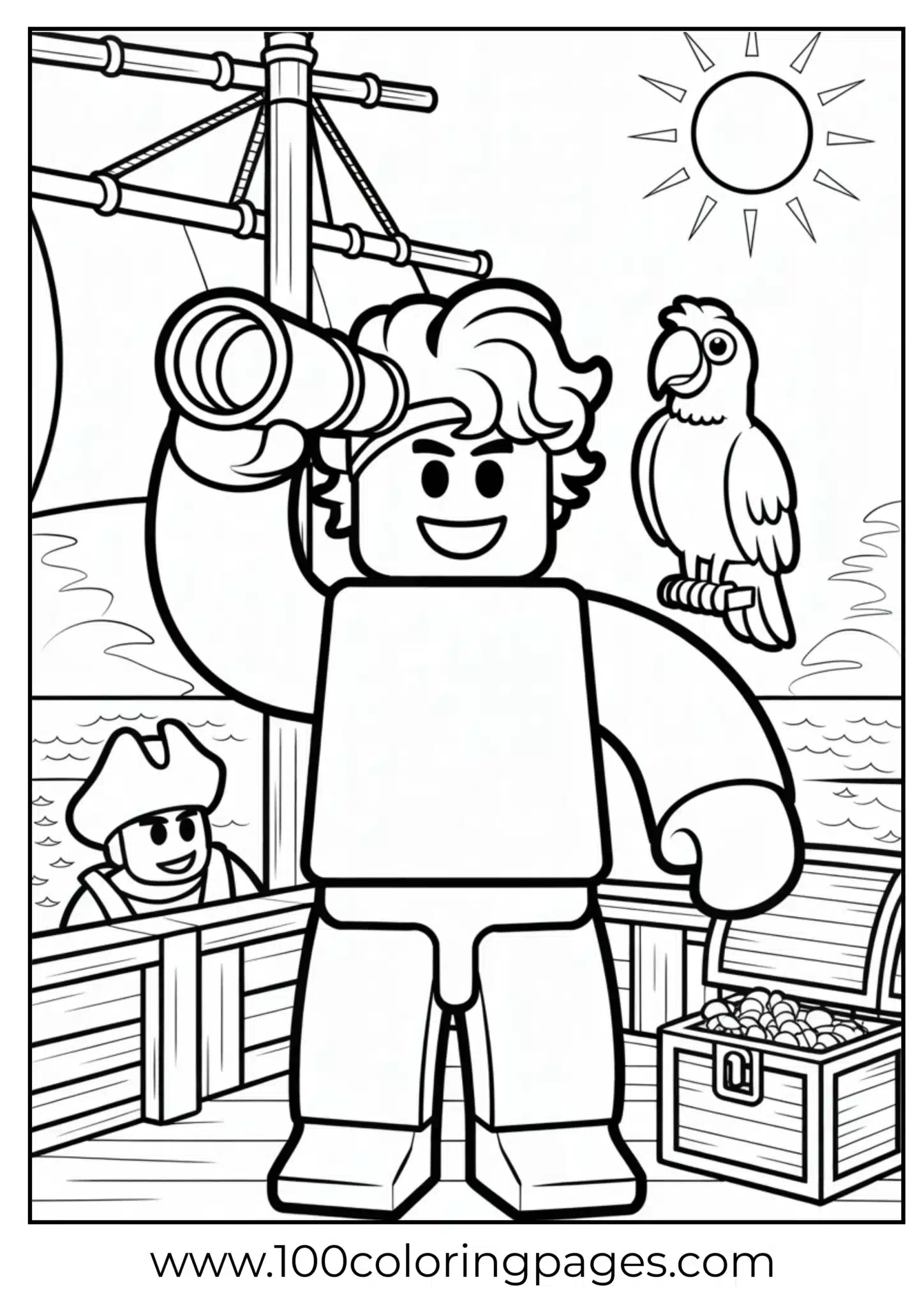 Pirate with spyglass and parrot on a ship coloring page