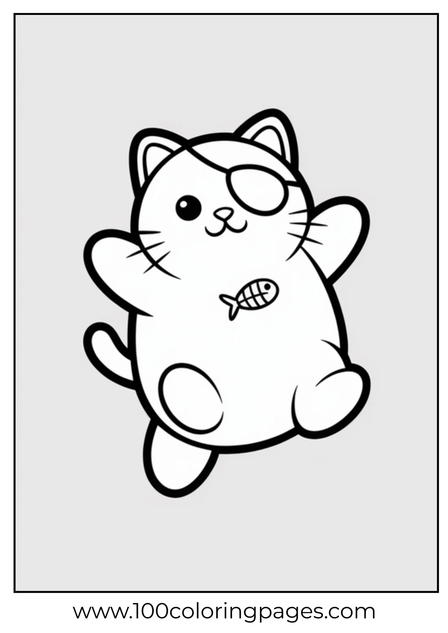 Cartoon pirate cat holding a fish, ideal for coloring