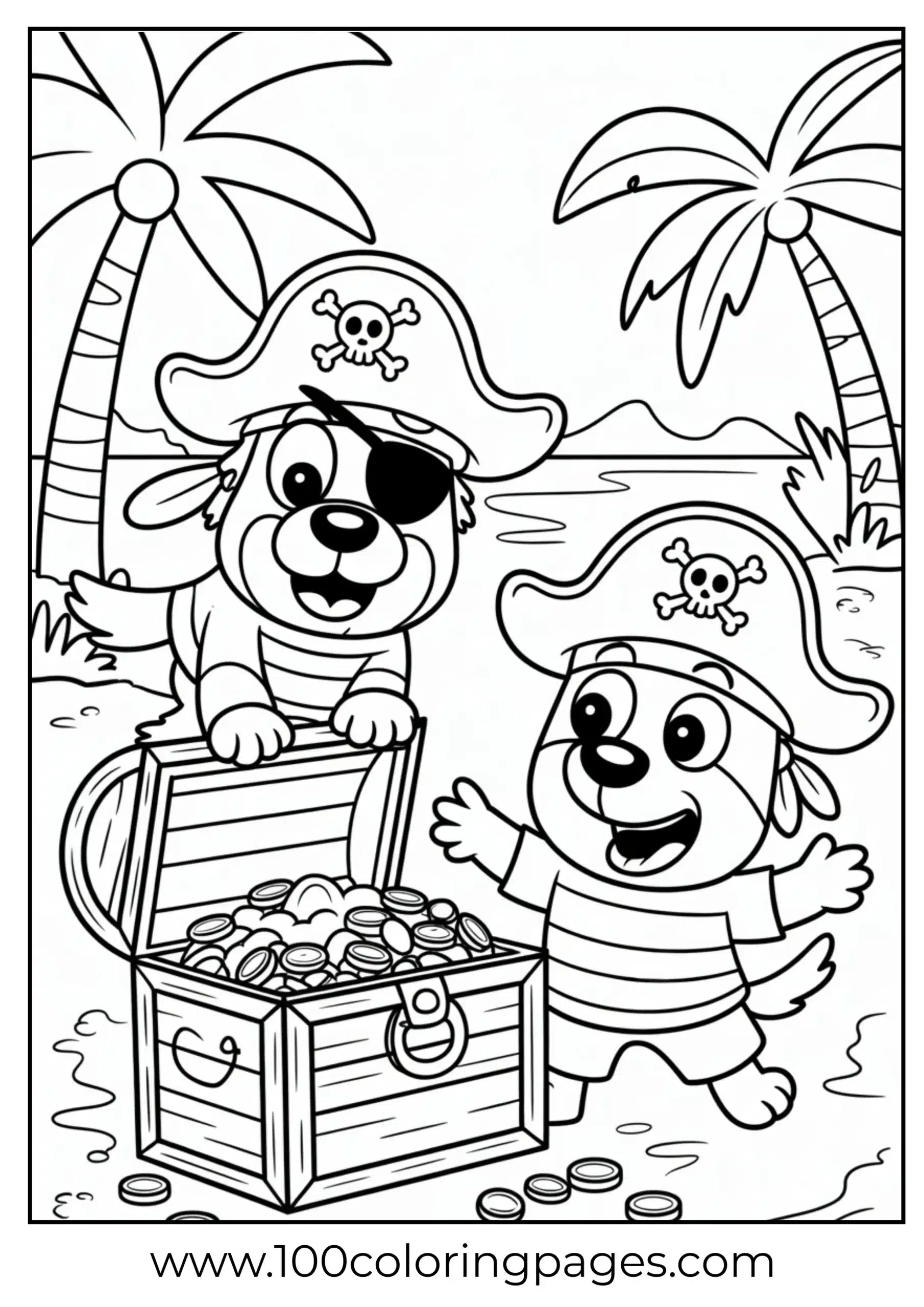 Bluey and Bingo dressed as pirates coloring page