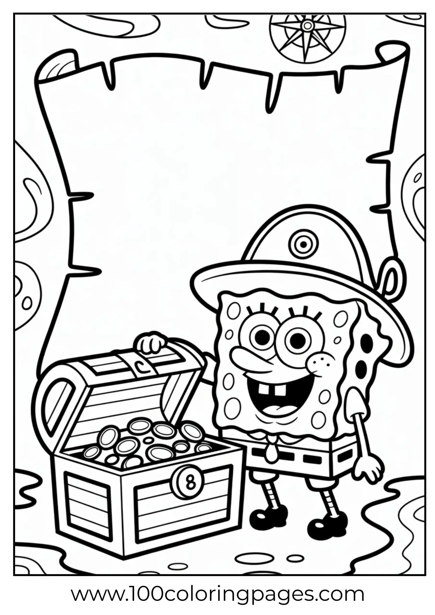 SpongeBob as pirate beside treasure chest as coloring page