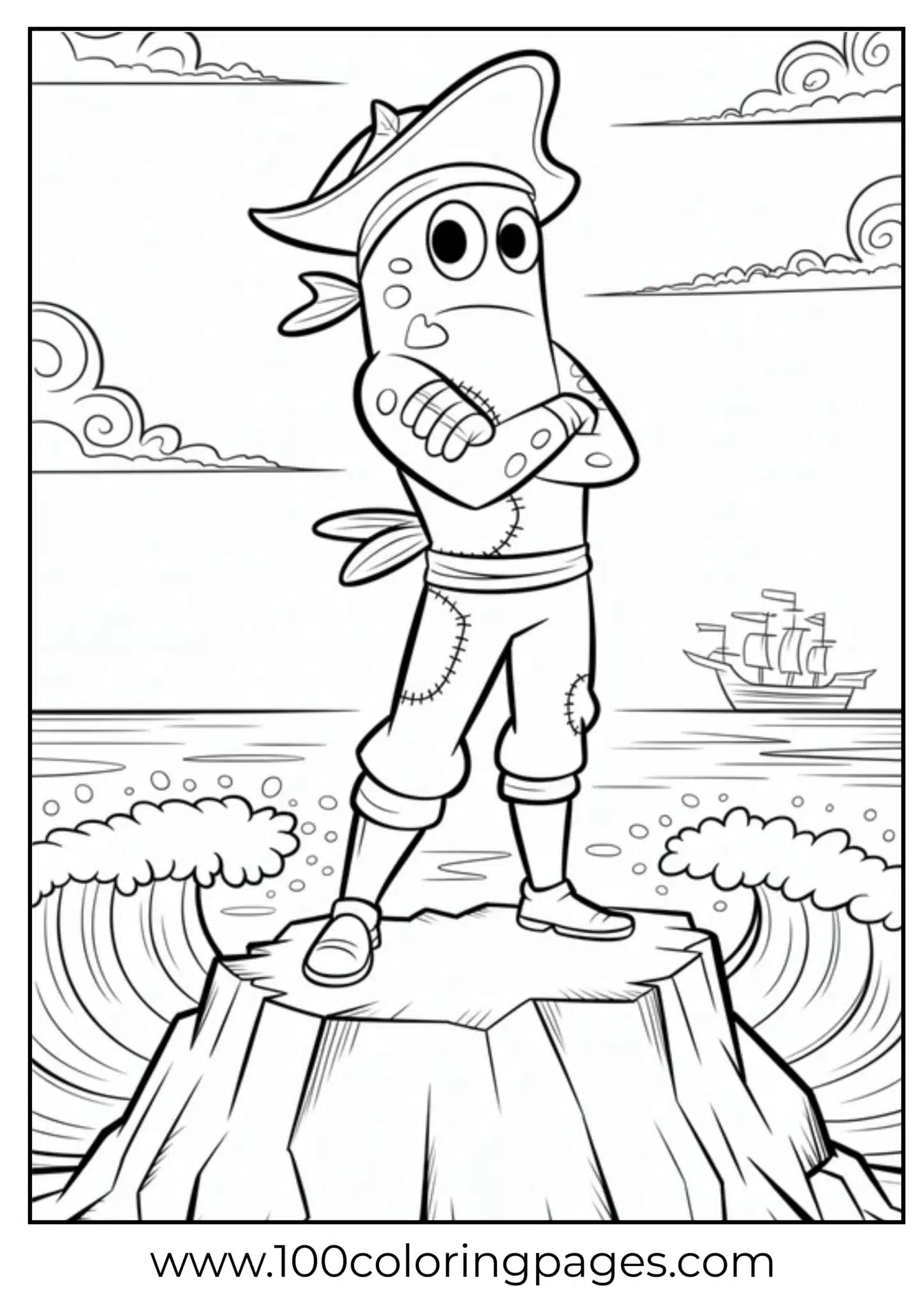 Cartoon pirate squid standing on a stump with ocean backdrop