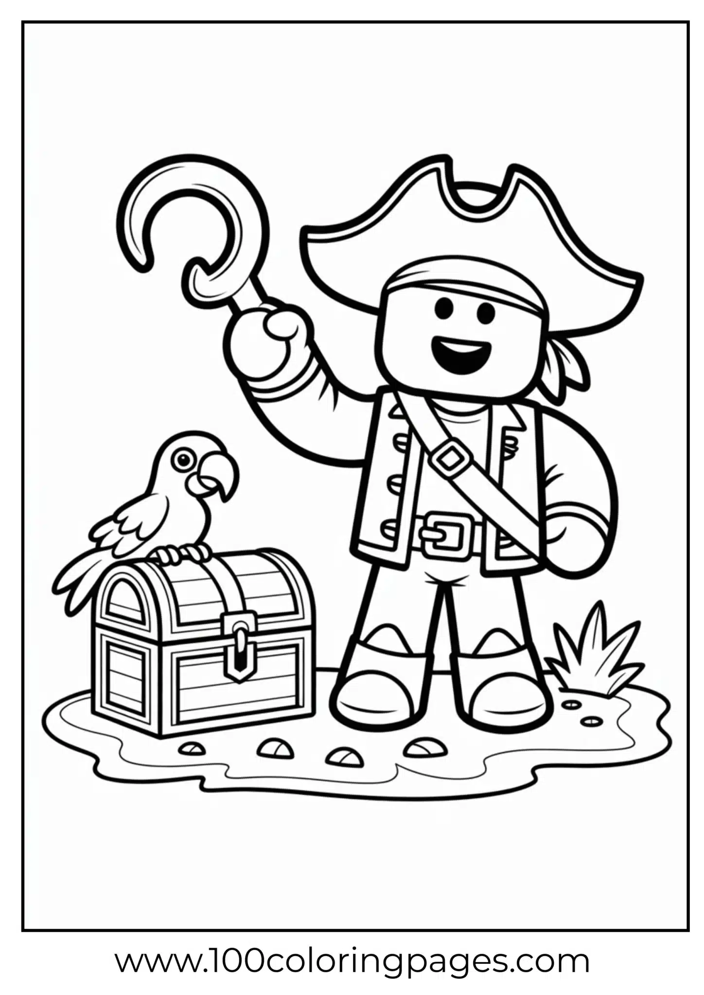 Pirate and parrot with a treasure chest ready to color