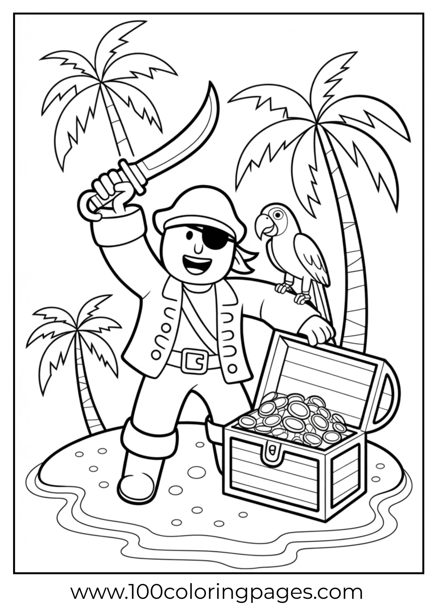 Pirate holding a sword, with a parrot and treasure chest