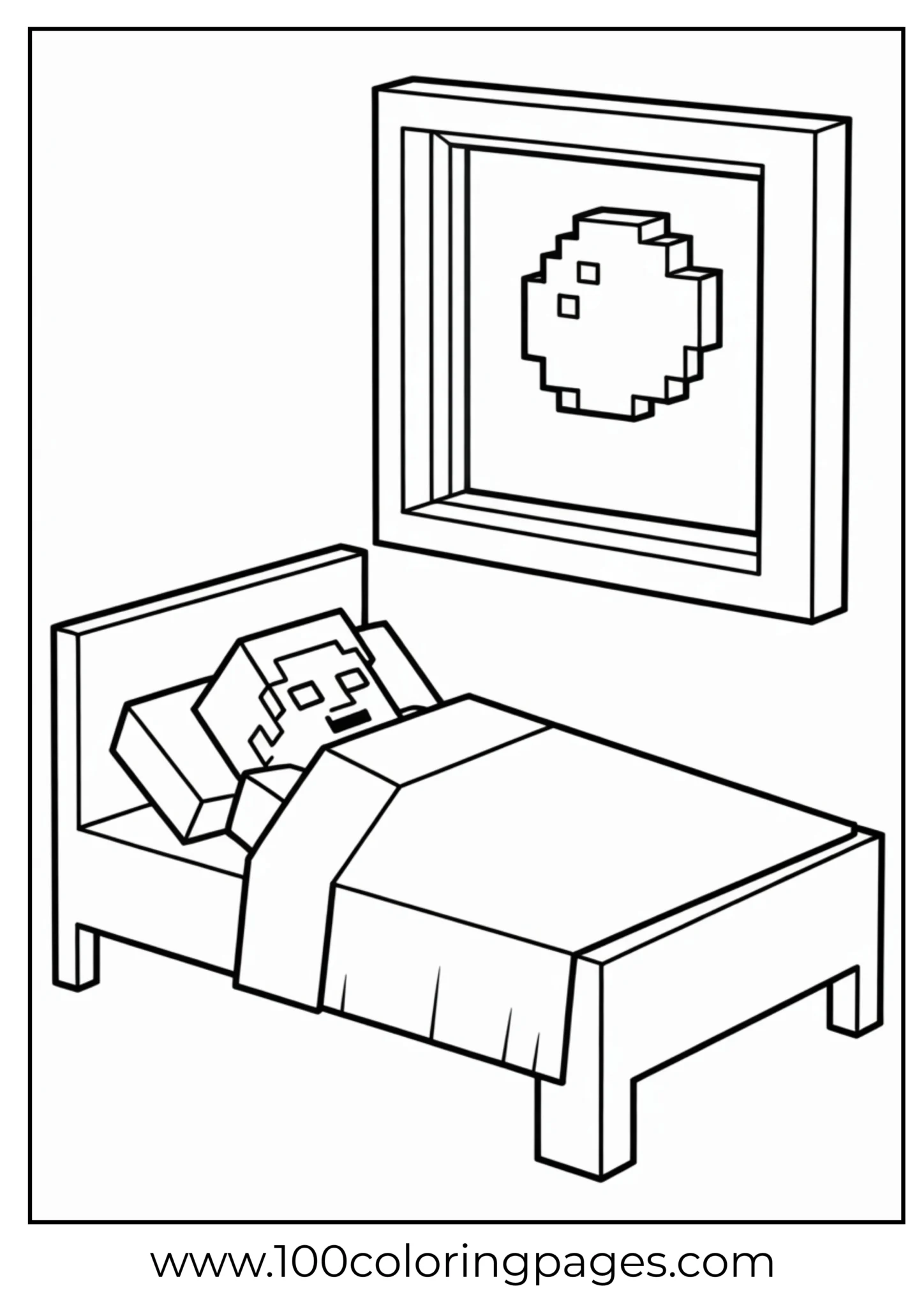 Bedroom scene with pixel art on pillow and wall frame