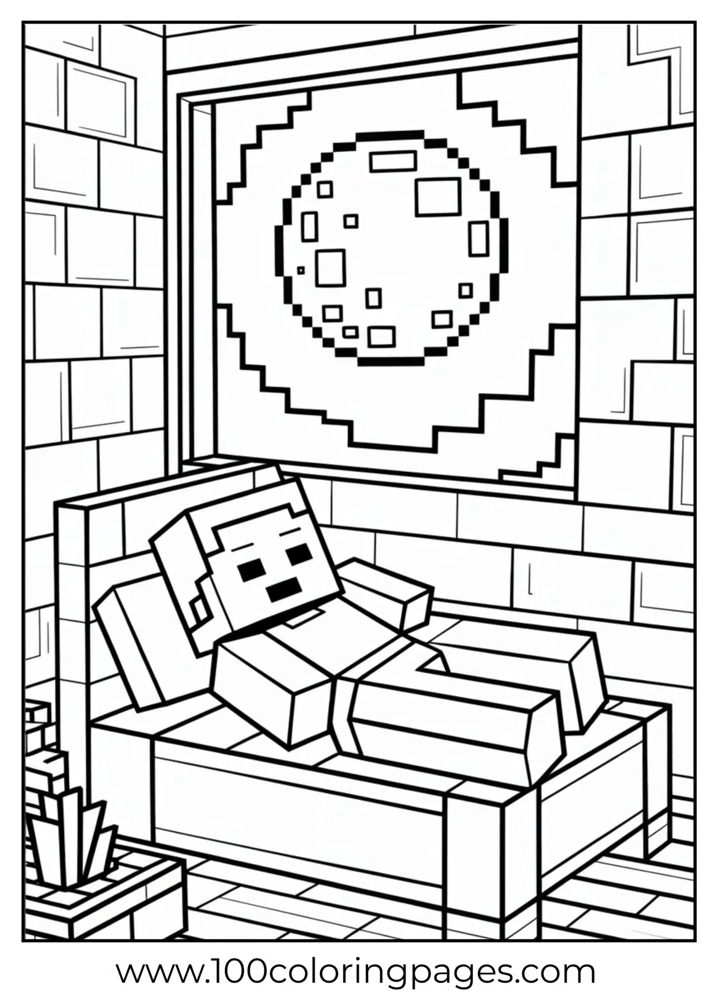 Pixel art style room with a large moon in the window