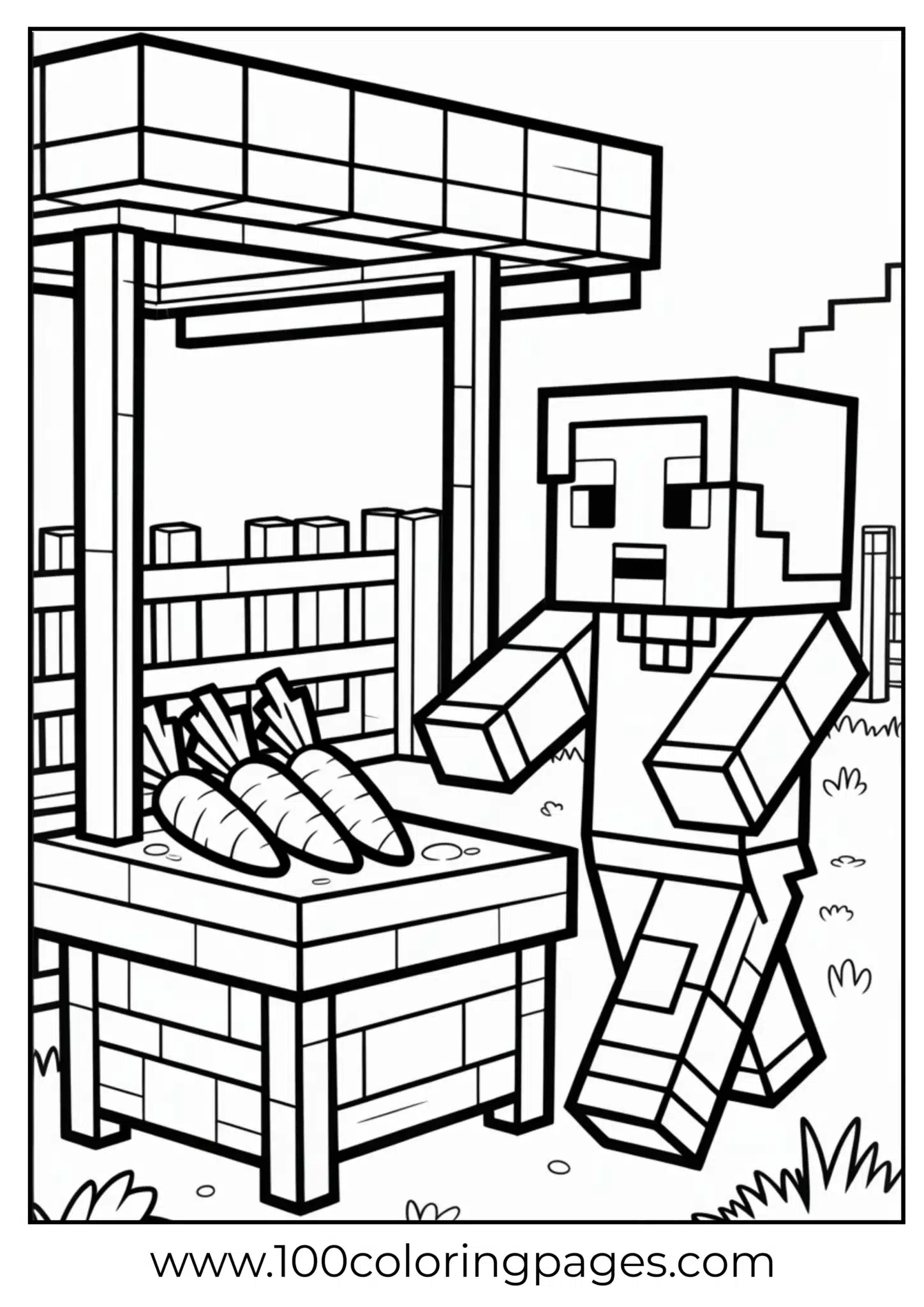 Pixel farmer and a vegetable stand coloring page