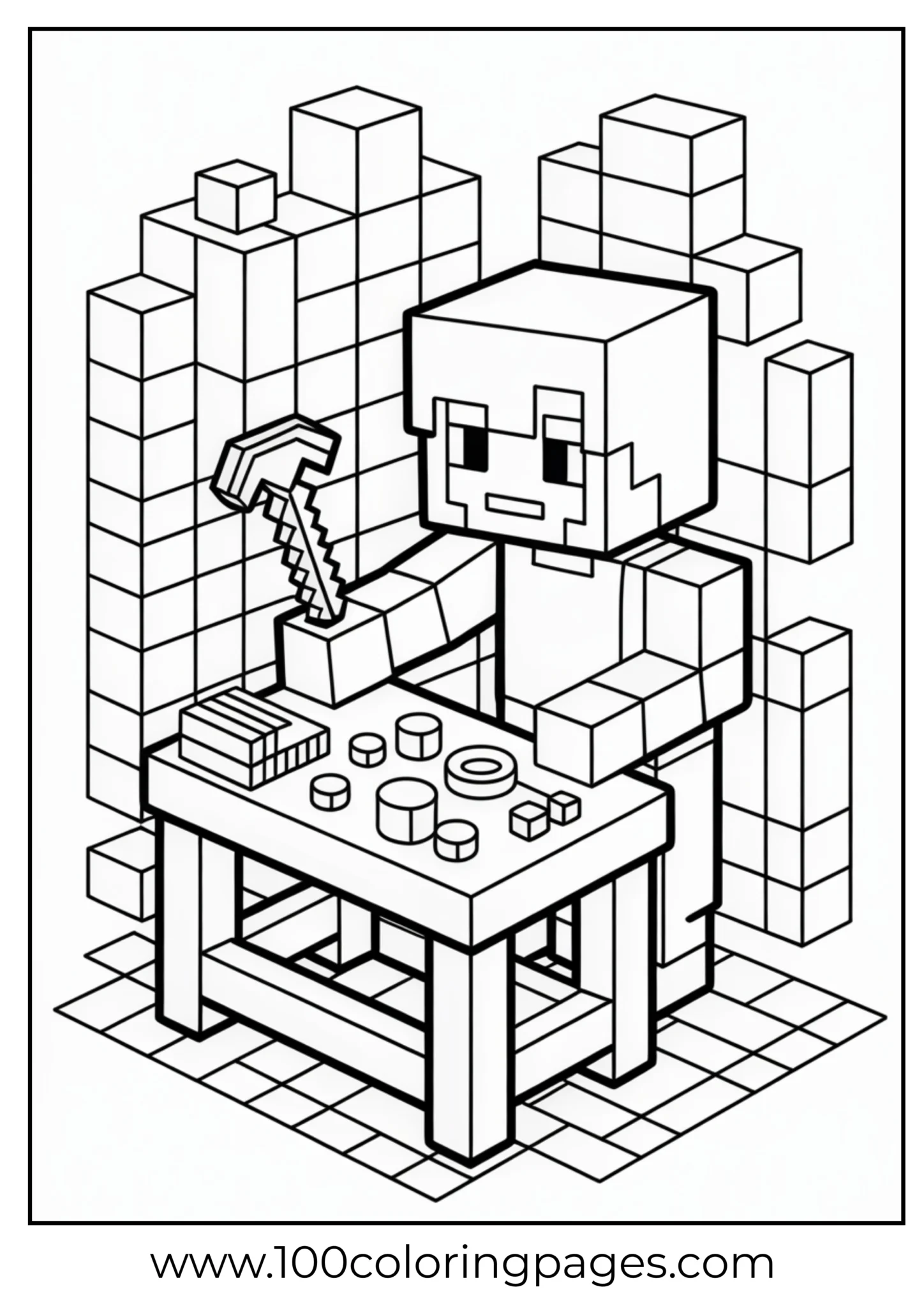 Pixel-style miner working at a crafting table