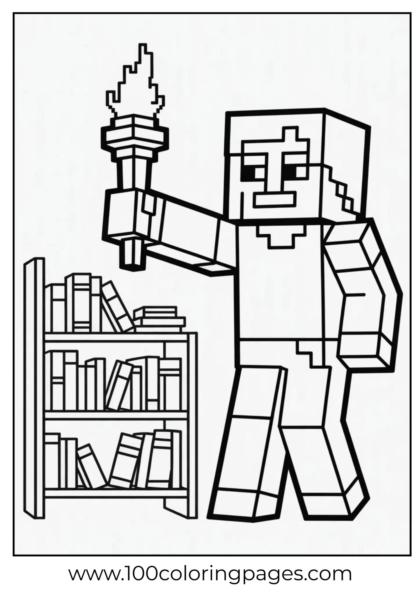Pixel-style character holding a torch next to bookshelves