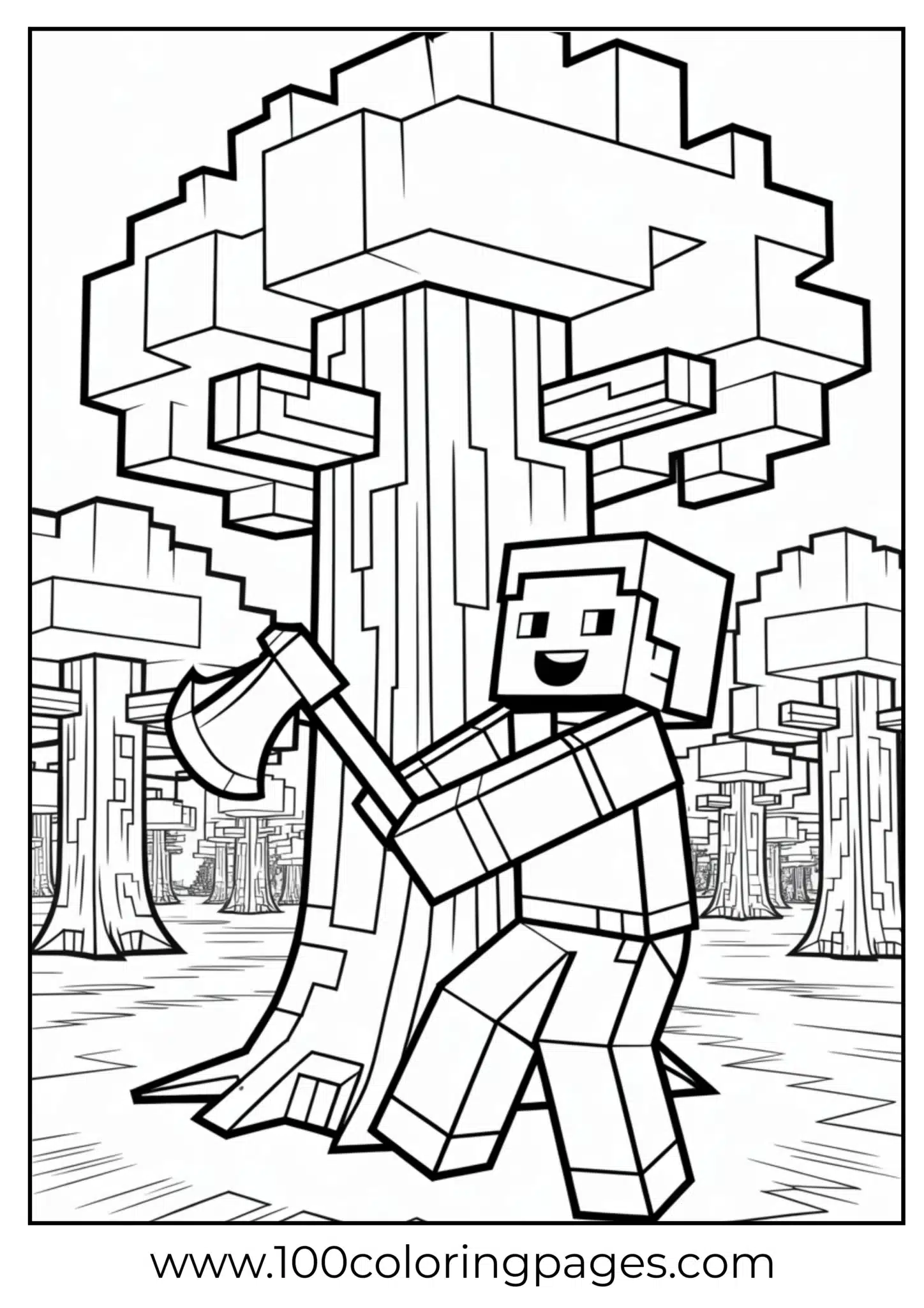 Black and white coloring page of a pixelated warrior in a forest