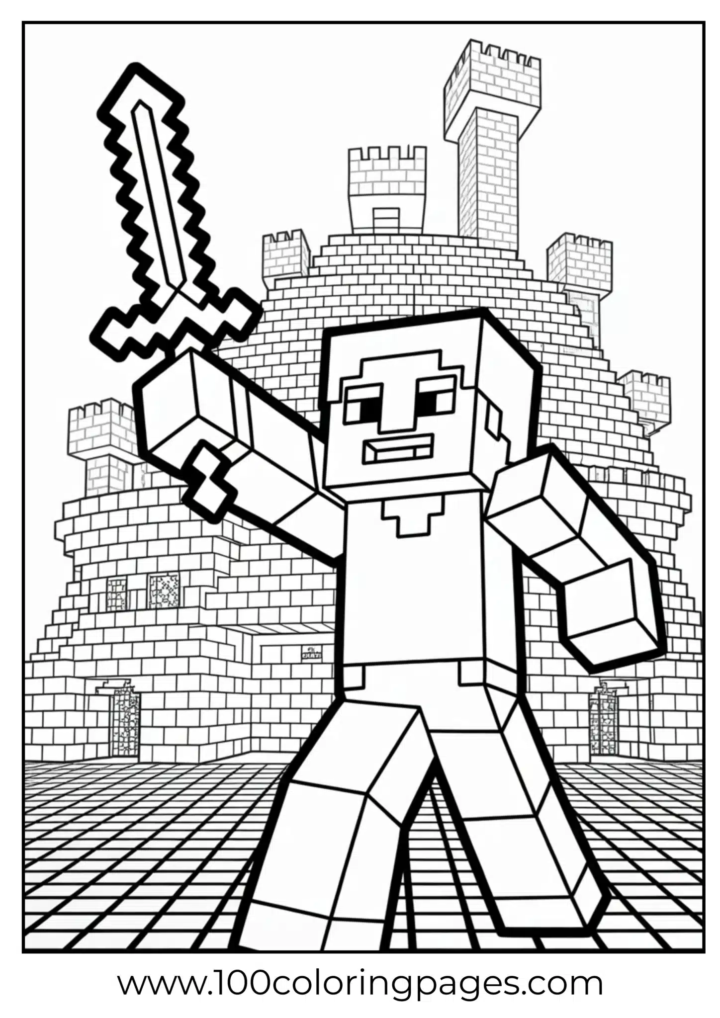 Cartoon warrior with sword in front of a pixel castle