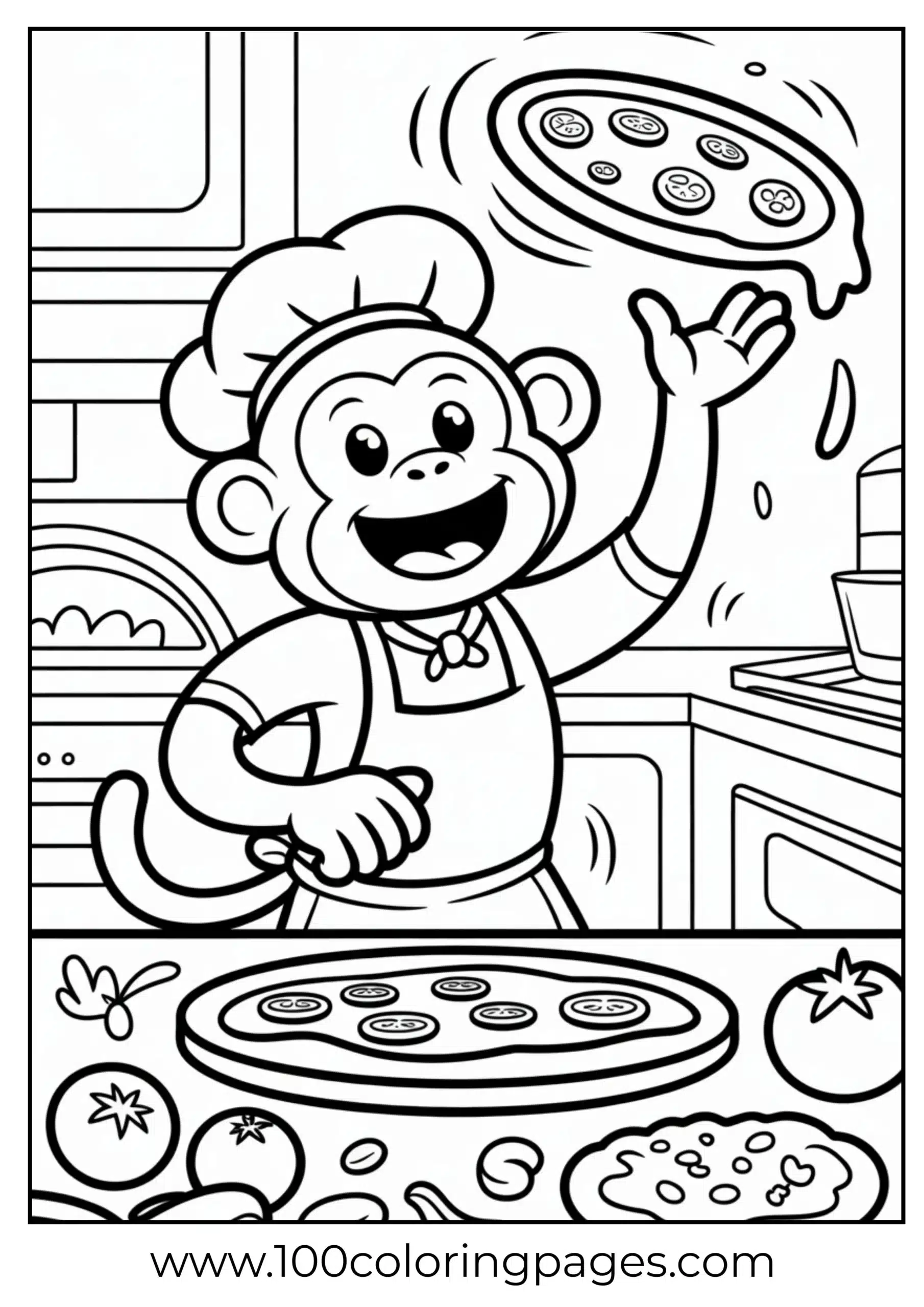 Monkey tossing pizza dough coloring page