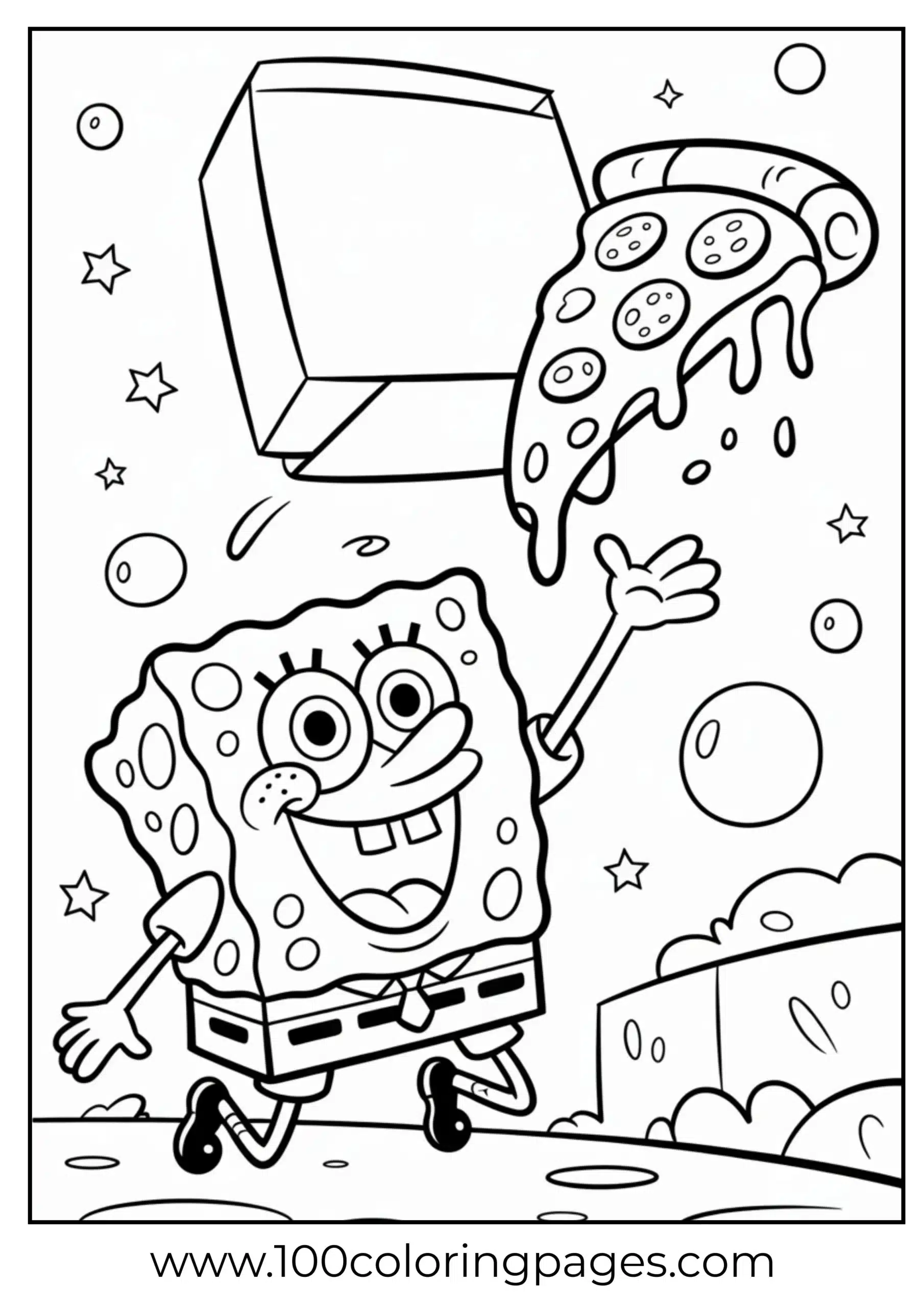 SpongeBob tossing pizza box with flying slice