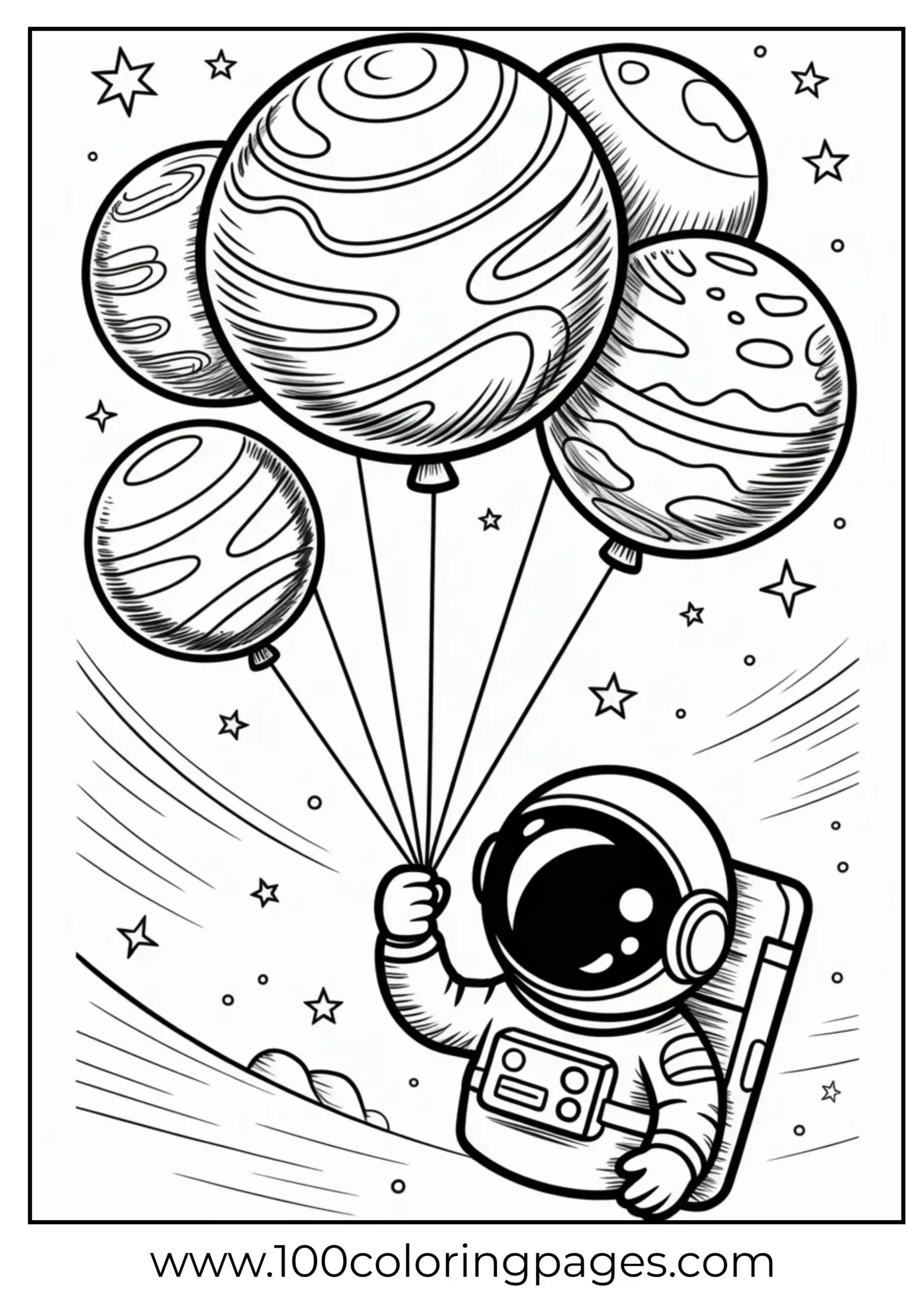 Astronaut with planet balloons coloring page