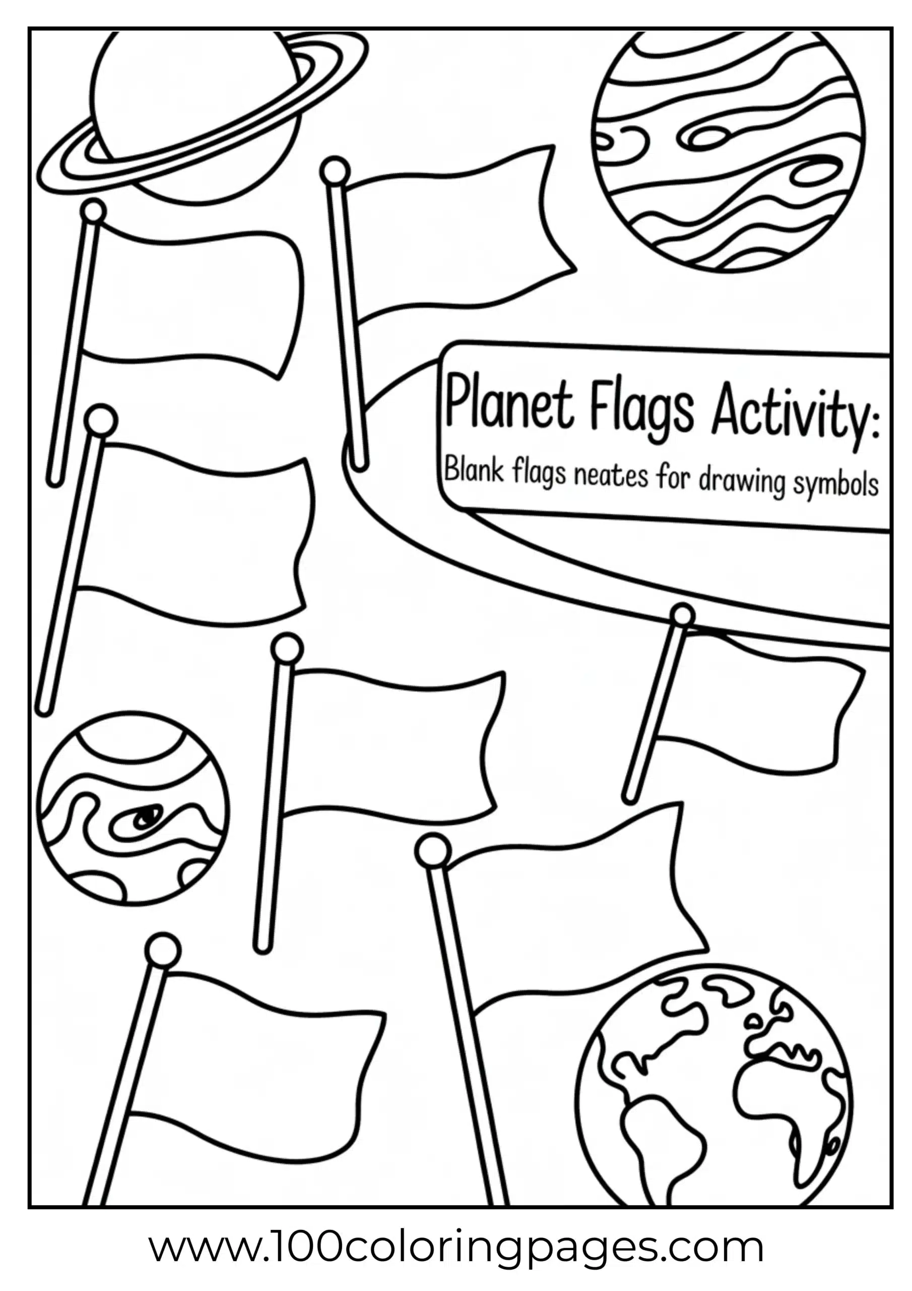 Design-your-own flag for each planet coloring page