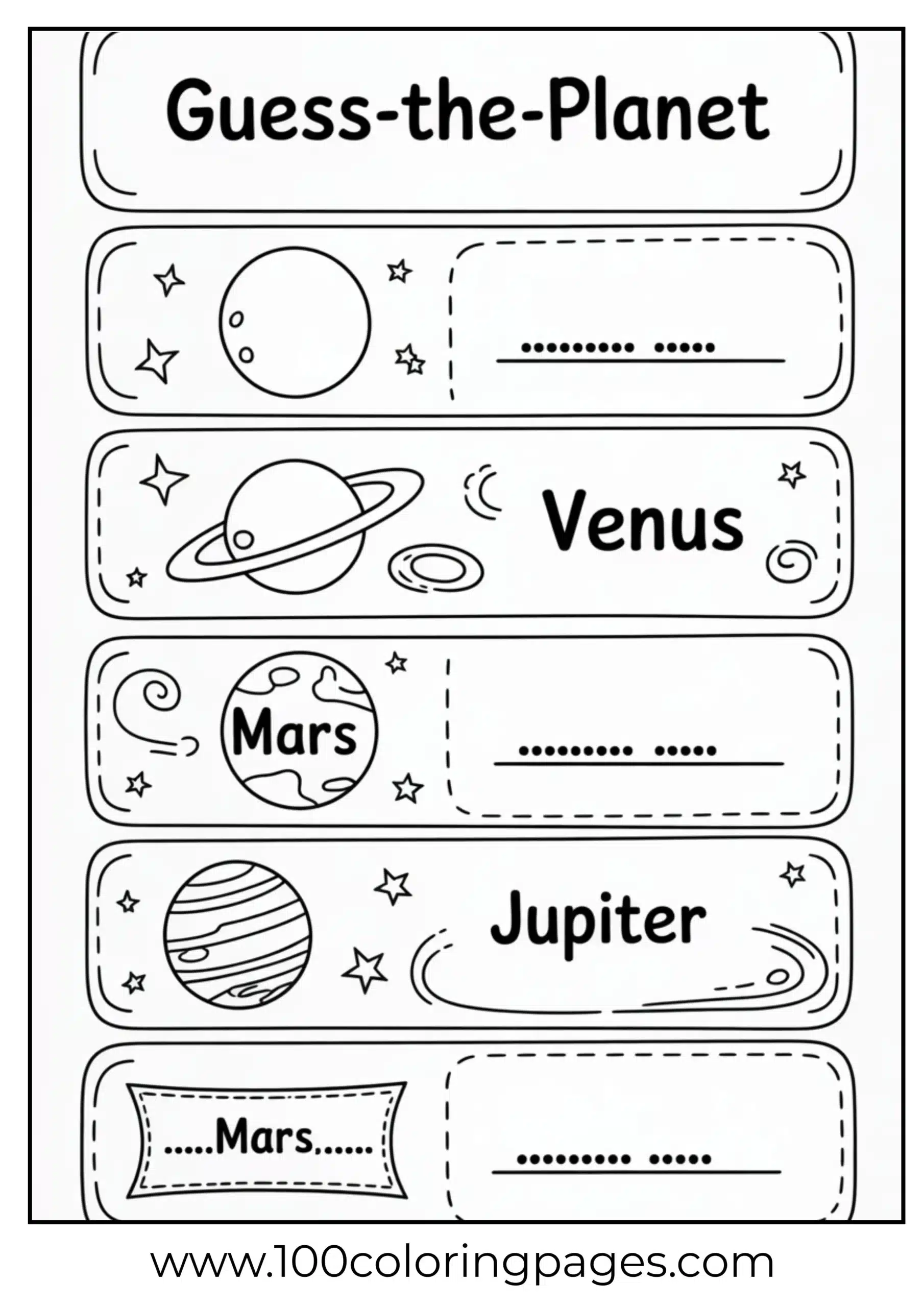 Planet guess‑the‑name coloring cards page