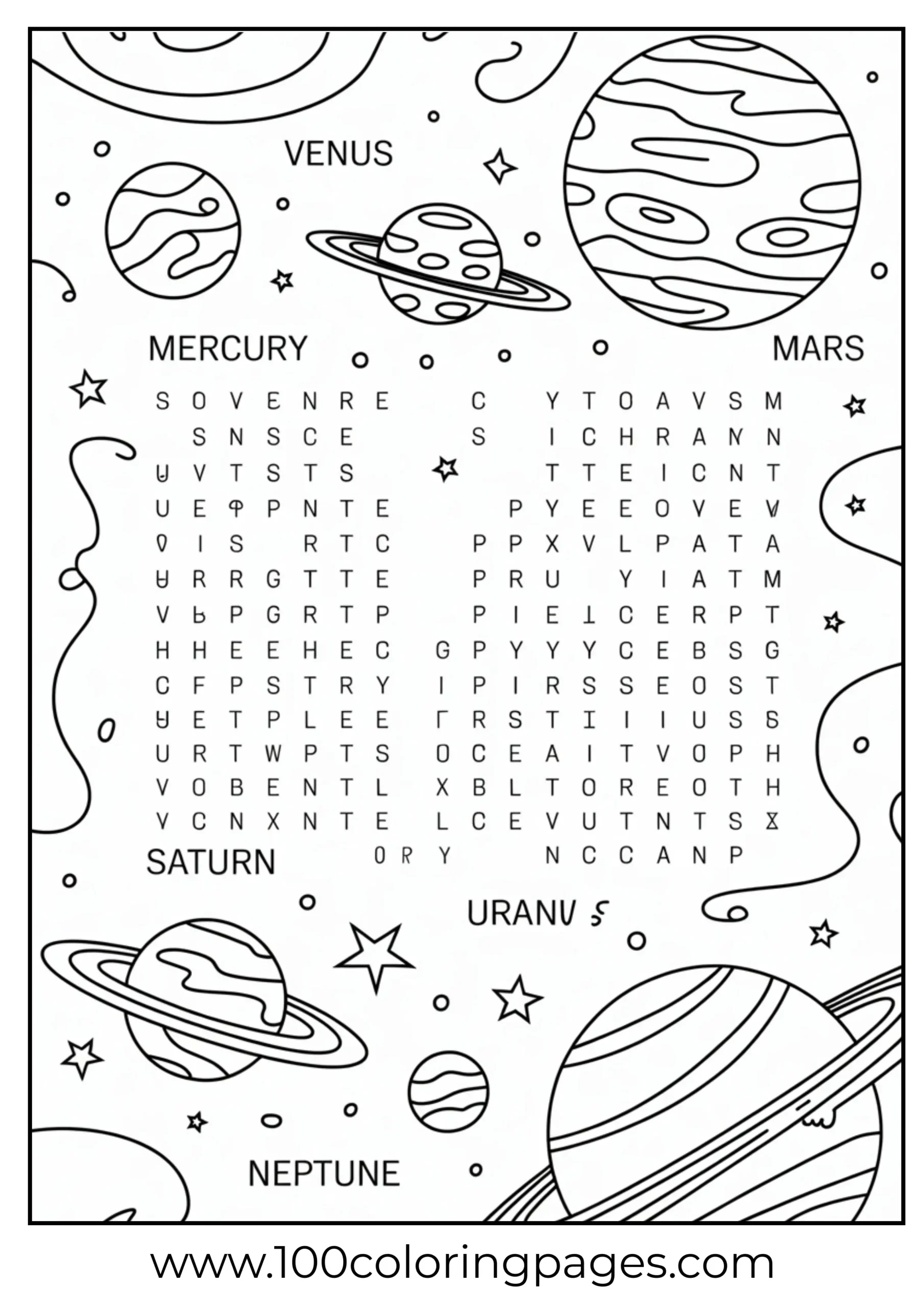 Planet word search coloring page