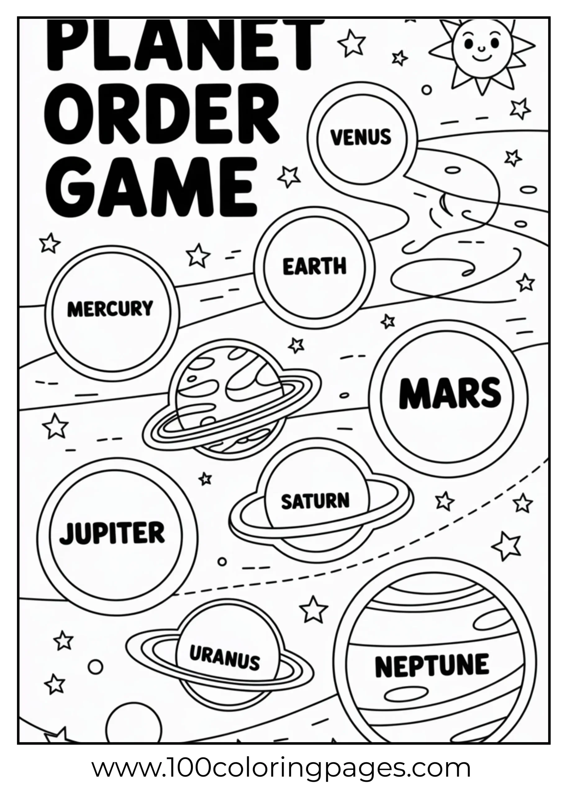 Cut and arrange planets coloring page