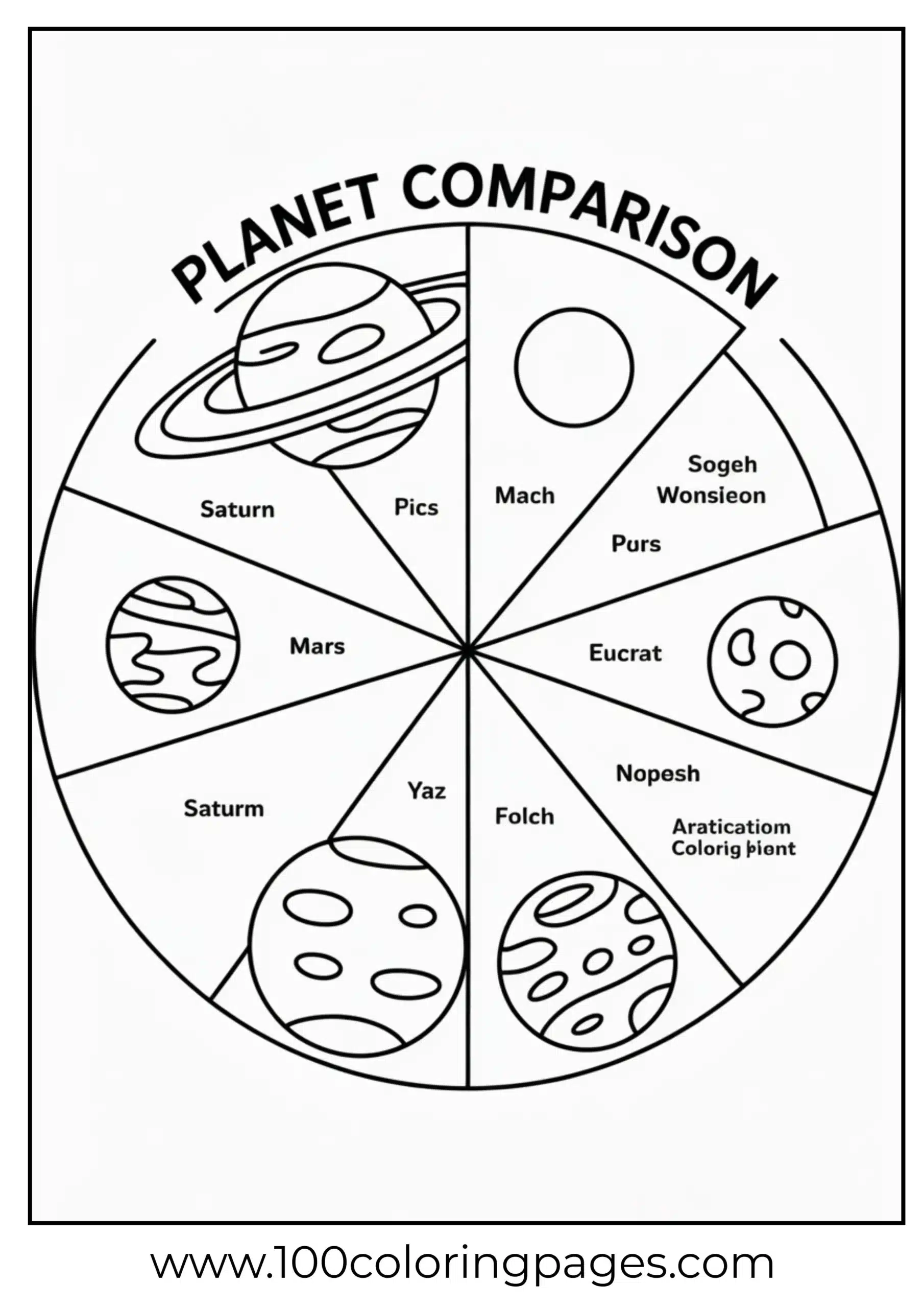 Pie chart of planet sizes coloring page