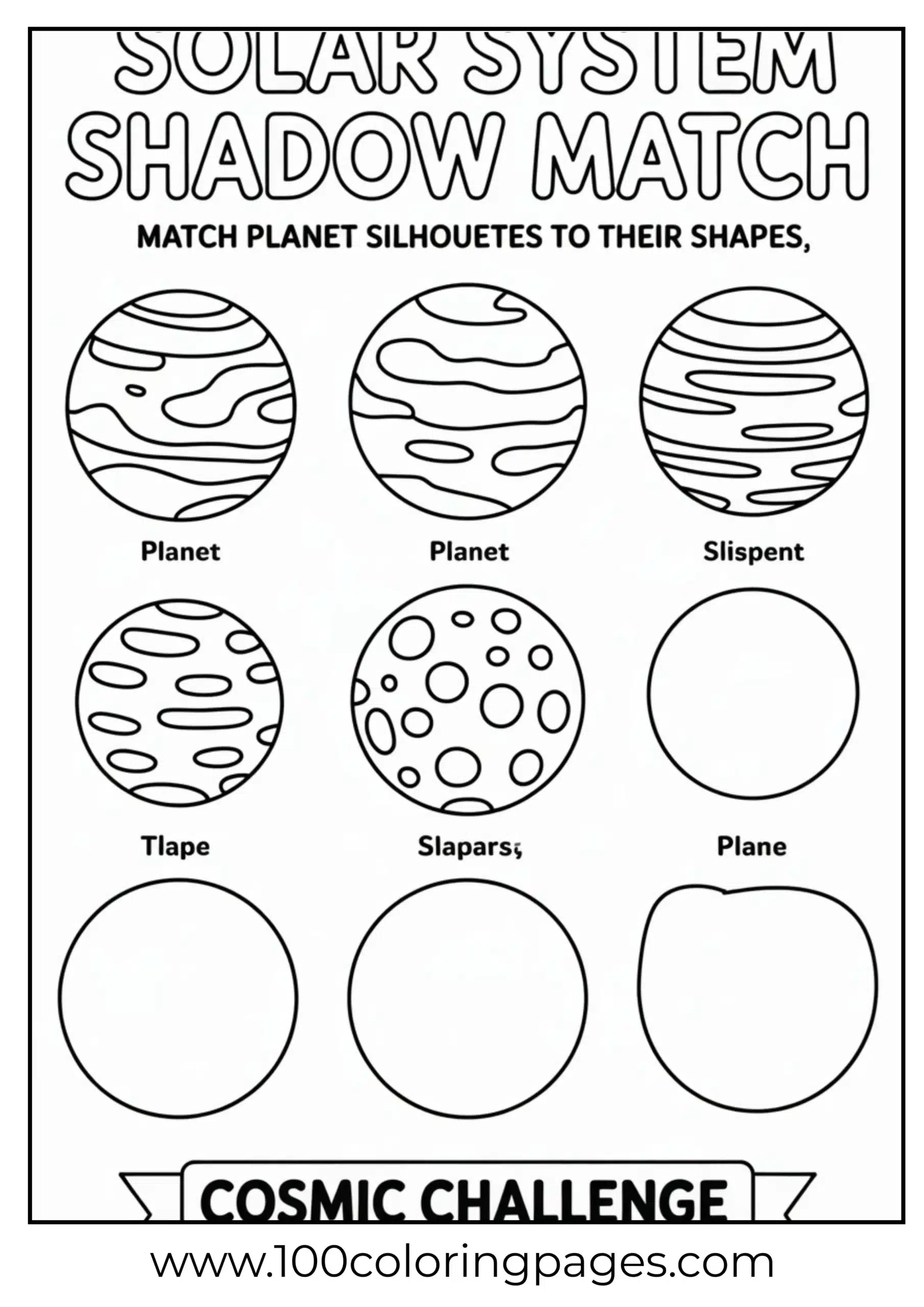 Shadow matching game with planets coloring page