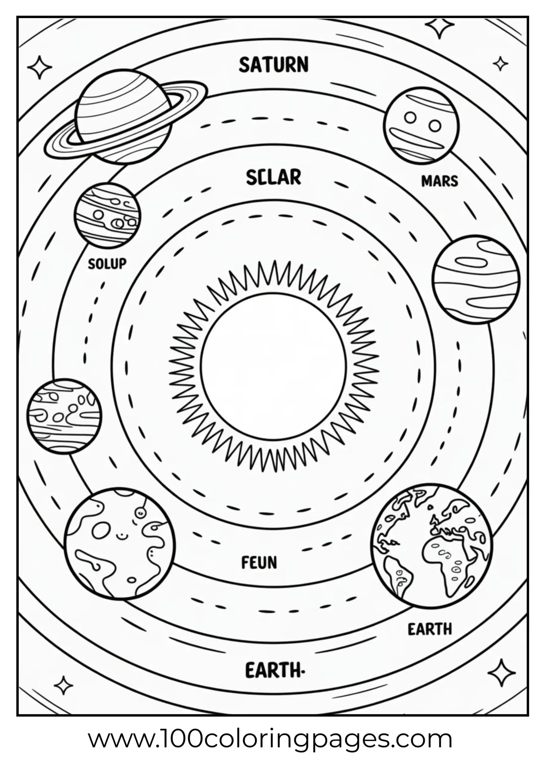Sun and planets size comparison coloring page