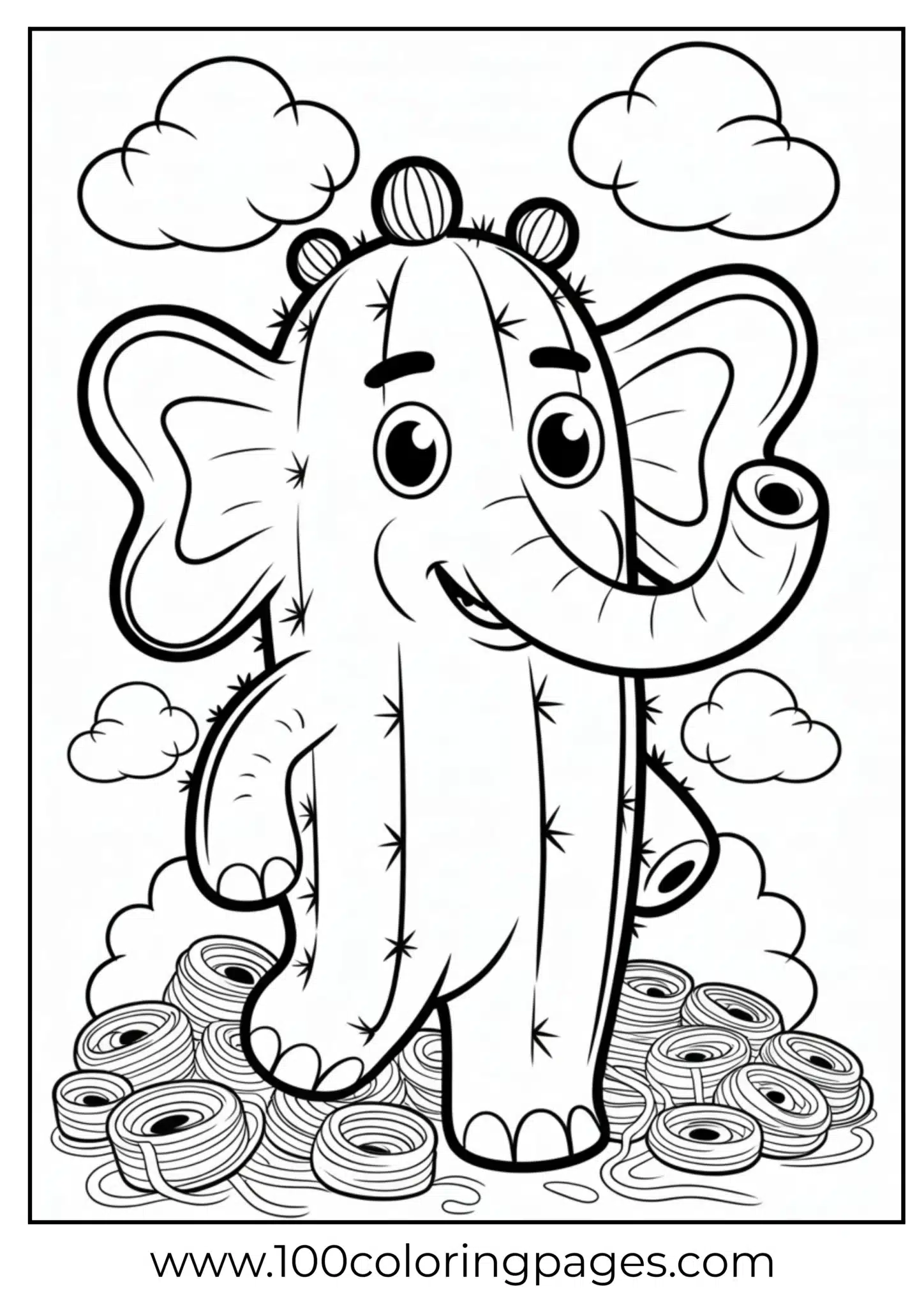 A cartoon elephant standing on pasta-like coils with clouds
