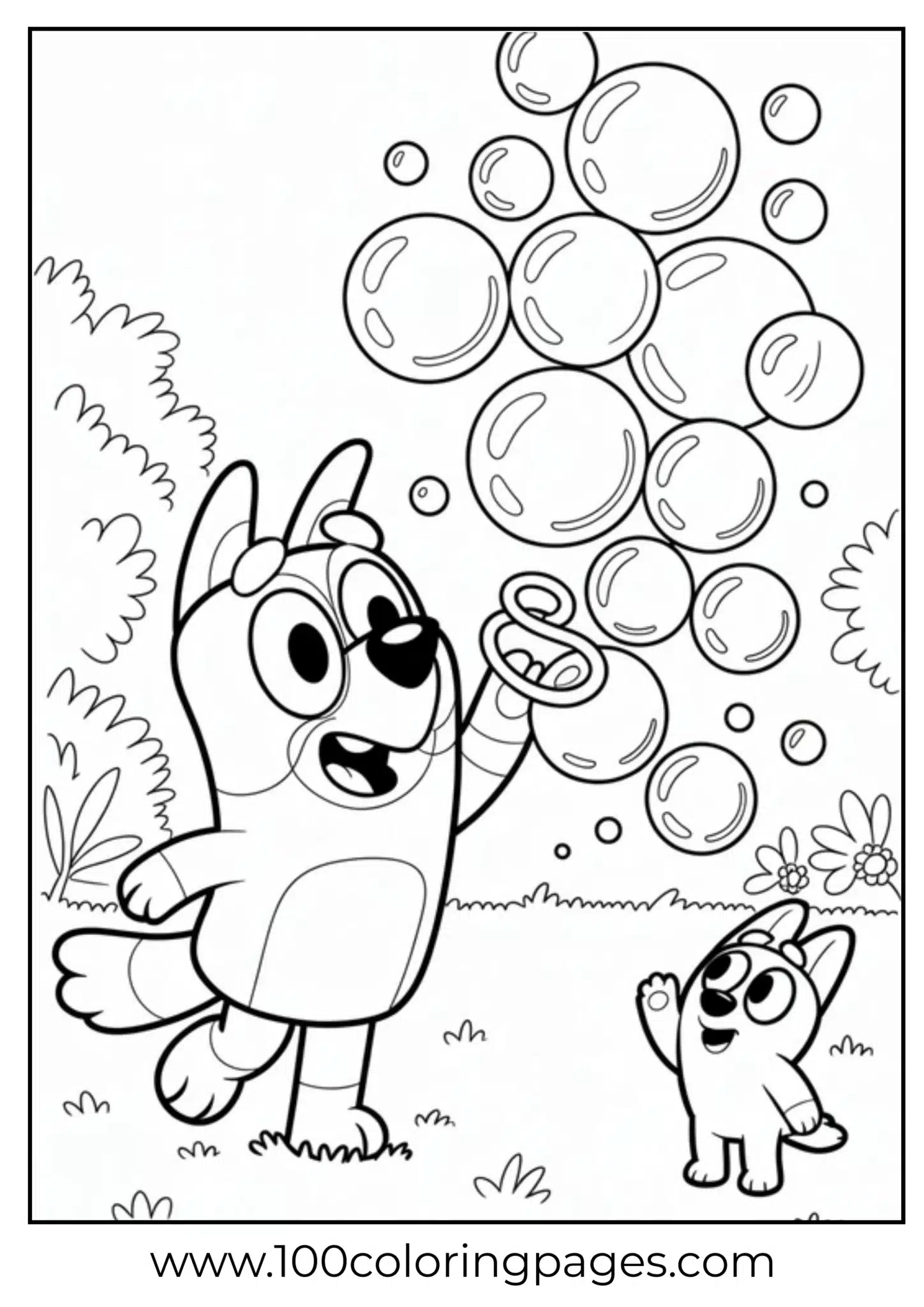 Two cartoon puppies blowing and chasing soap bubbles