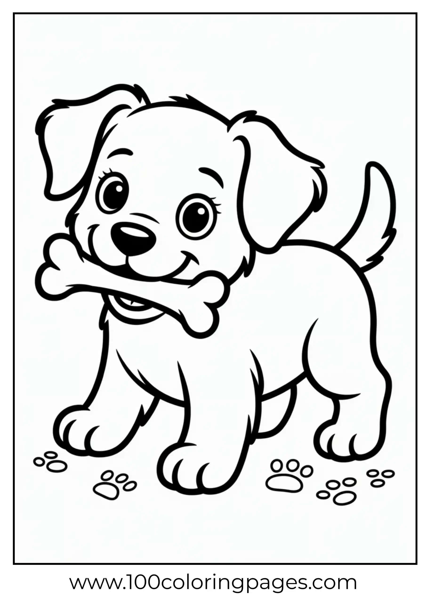 Cute puppy with bone wagging tail coloring page