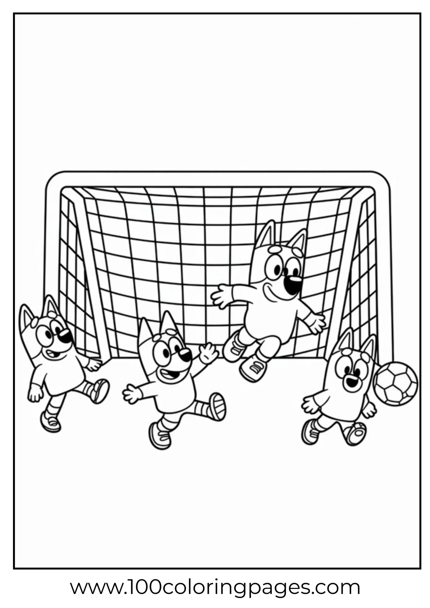 Cartoon puppies playing soccer in a goal
