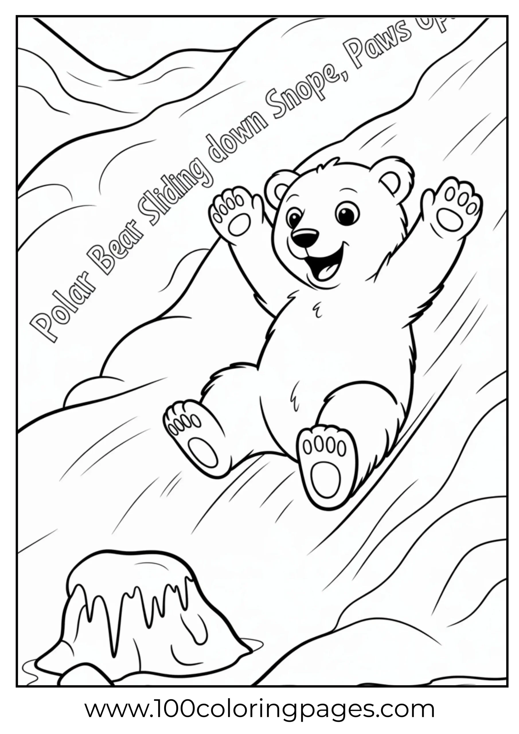 Polar bear cub sliding down snow coloring page