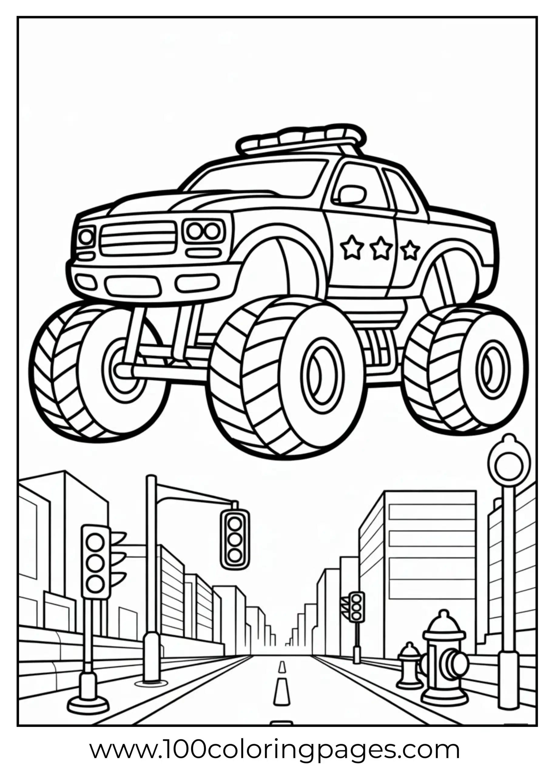 Police monster truck driving down city street as coloring page