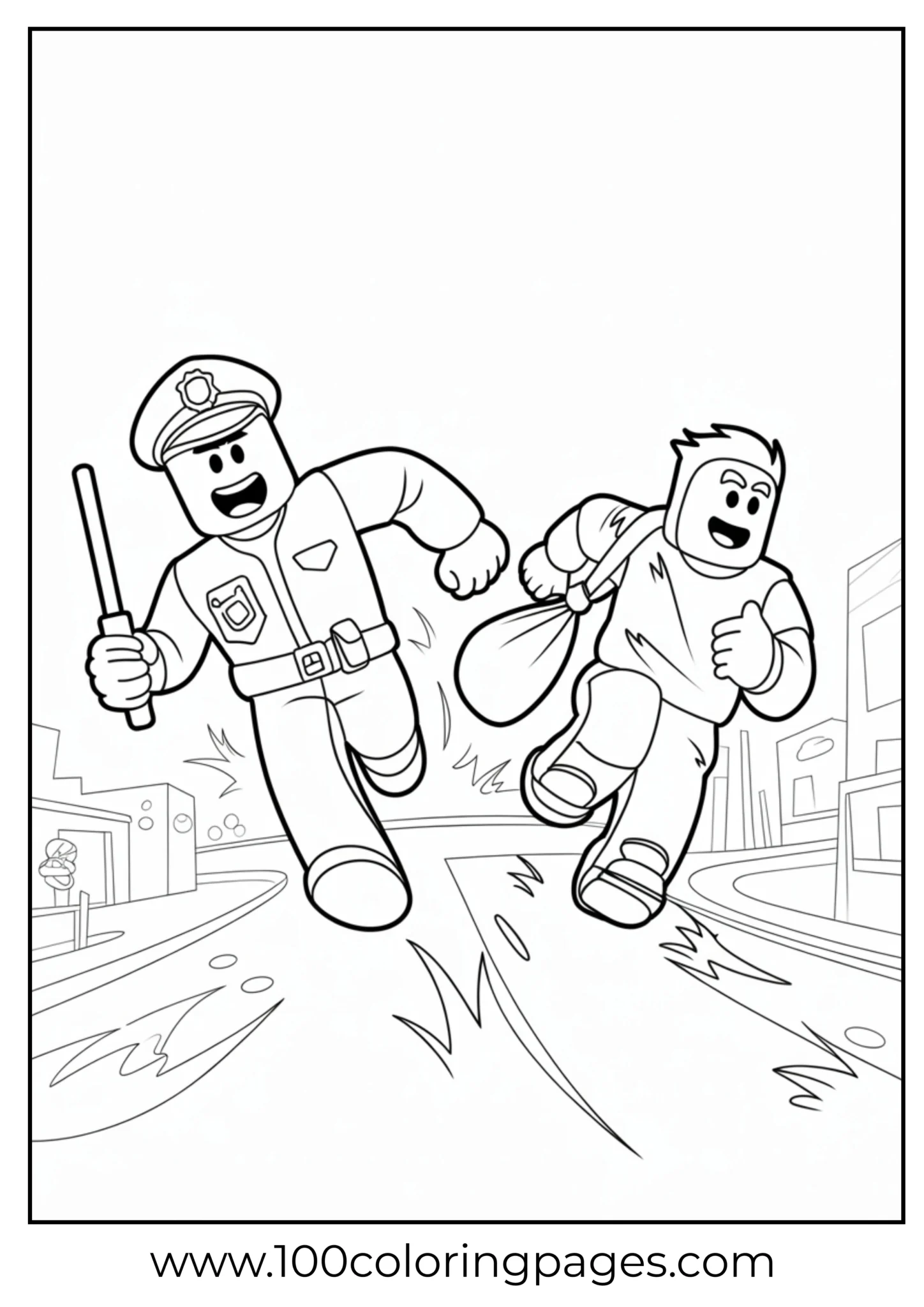 Police officer and child running, urban background