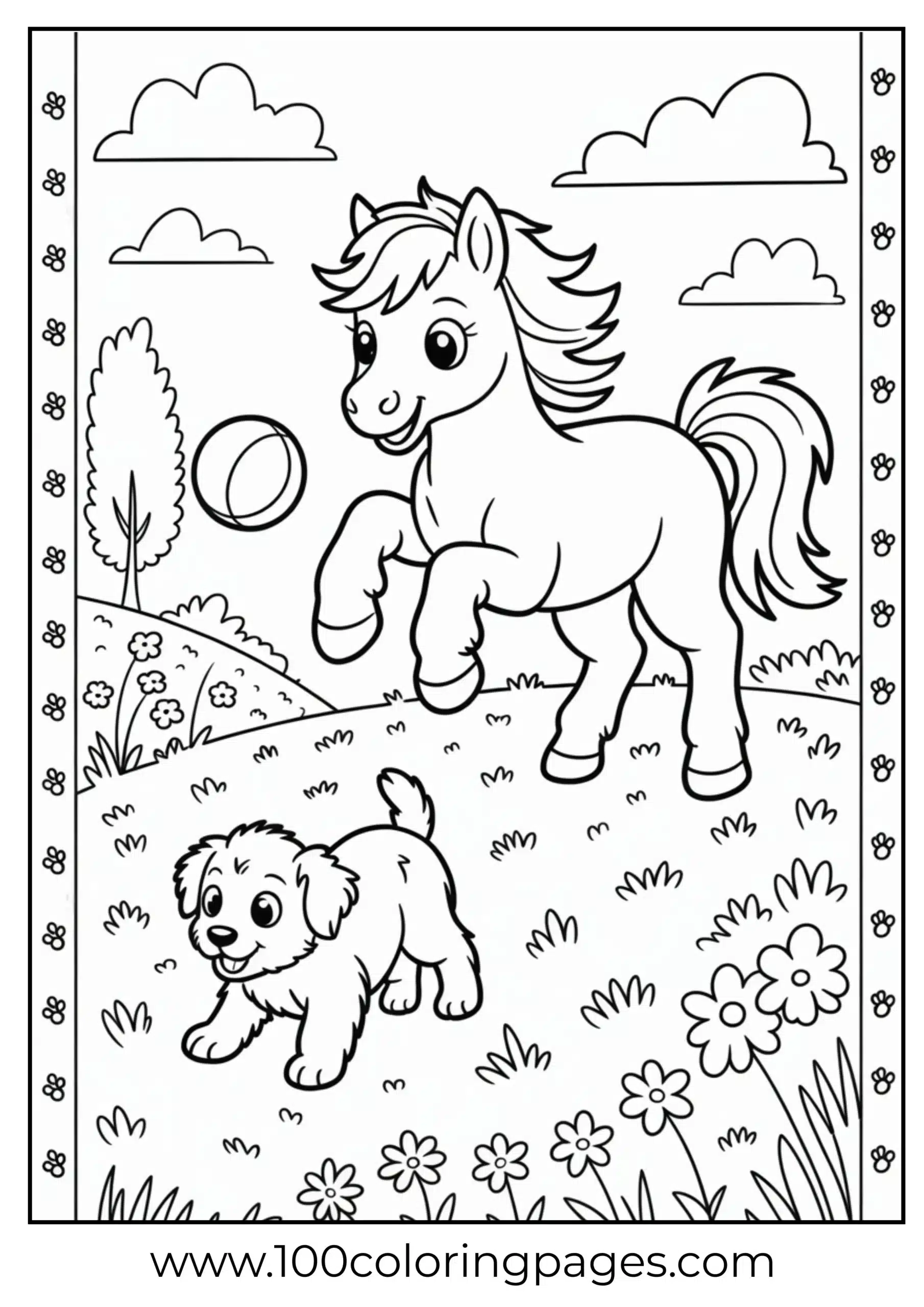 Pony playing fetch with puppy in grass