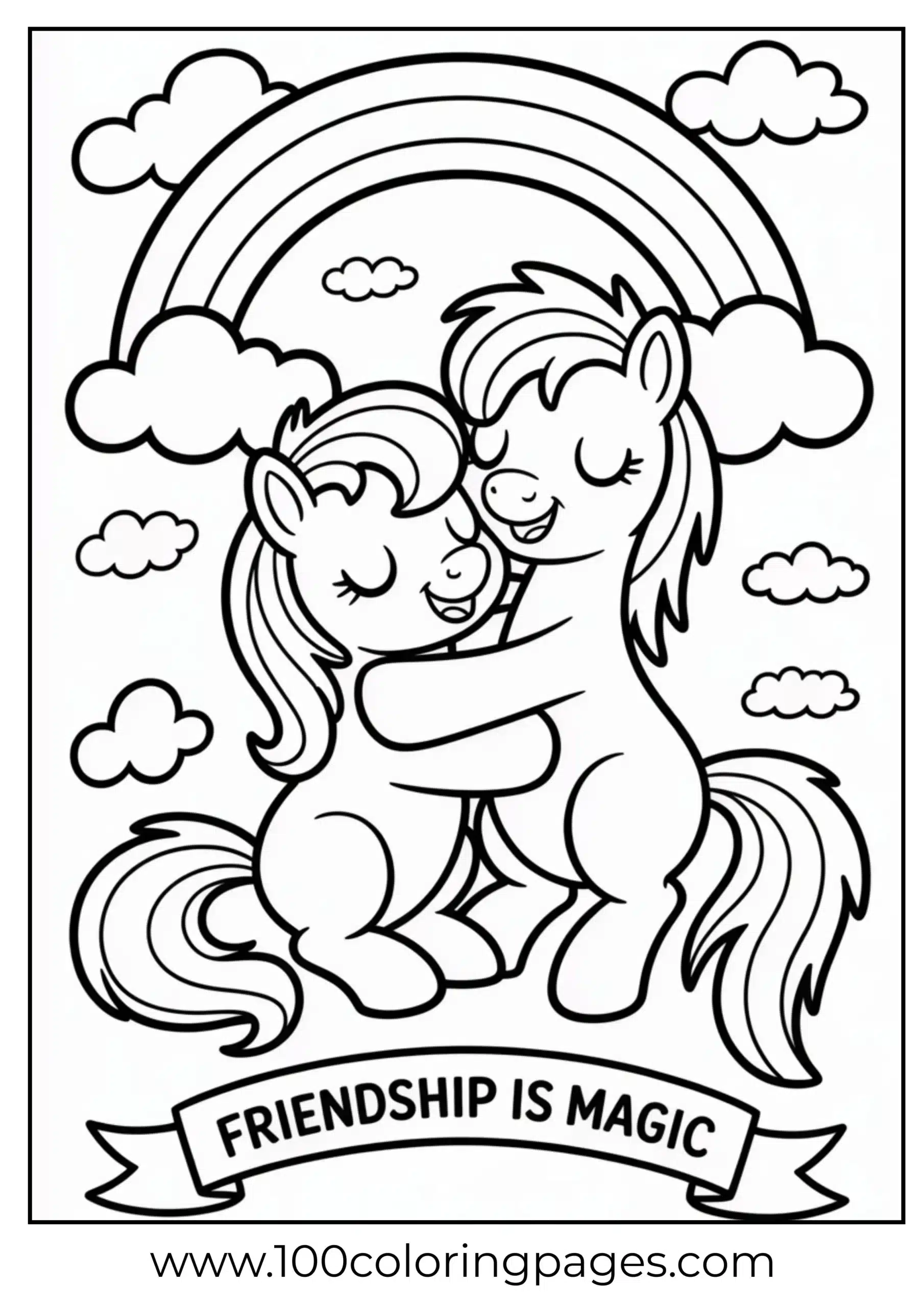 Two ponies hugging under rainbow