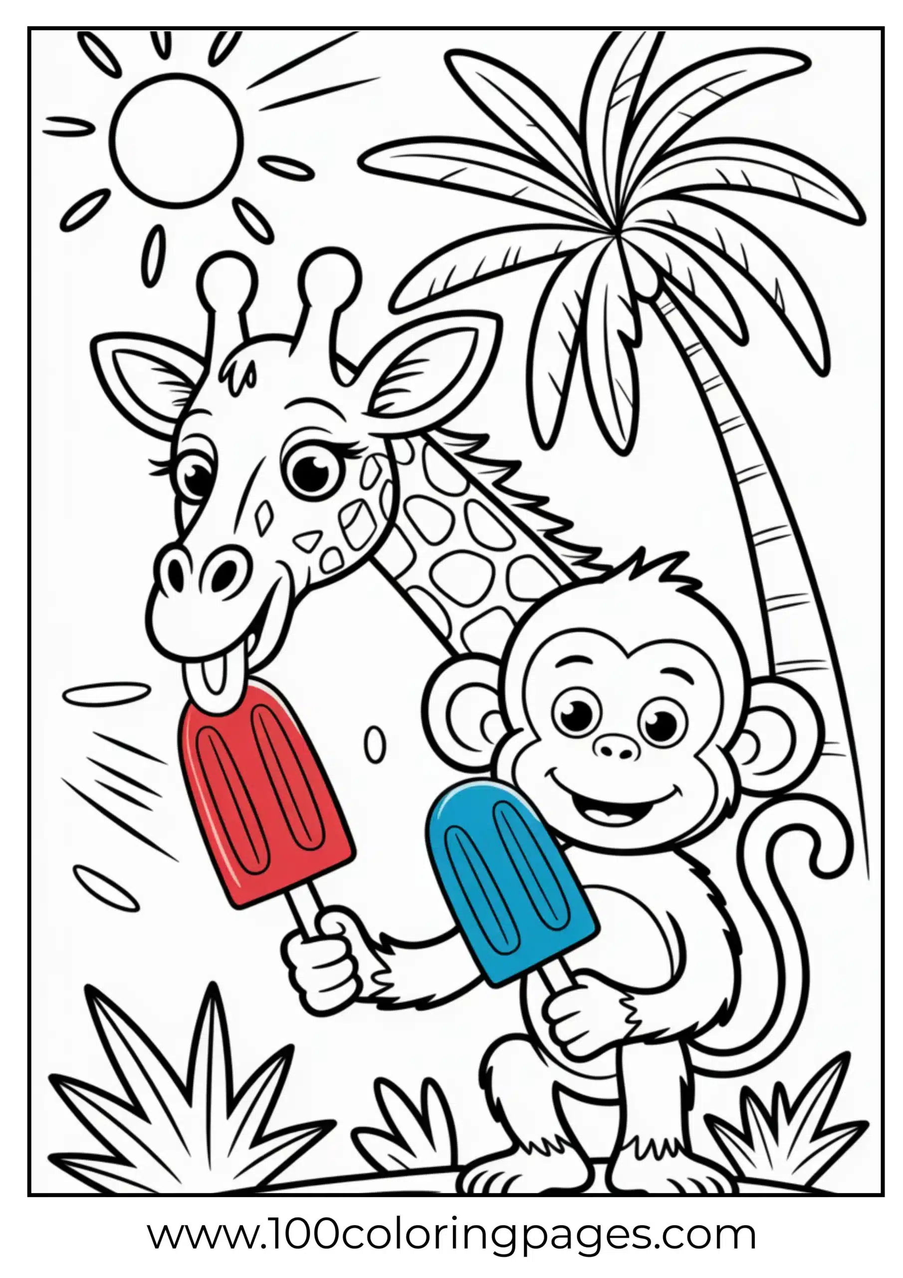 Giraffe and monkey with popsicles coloring page