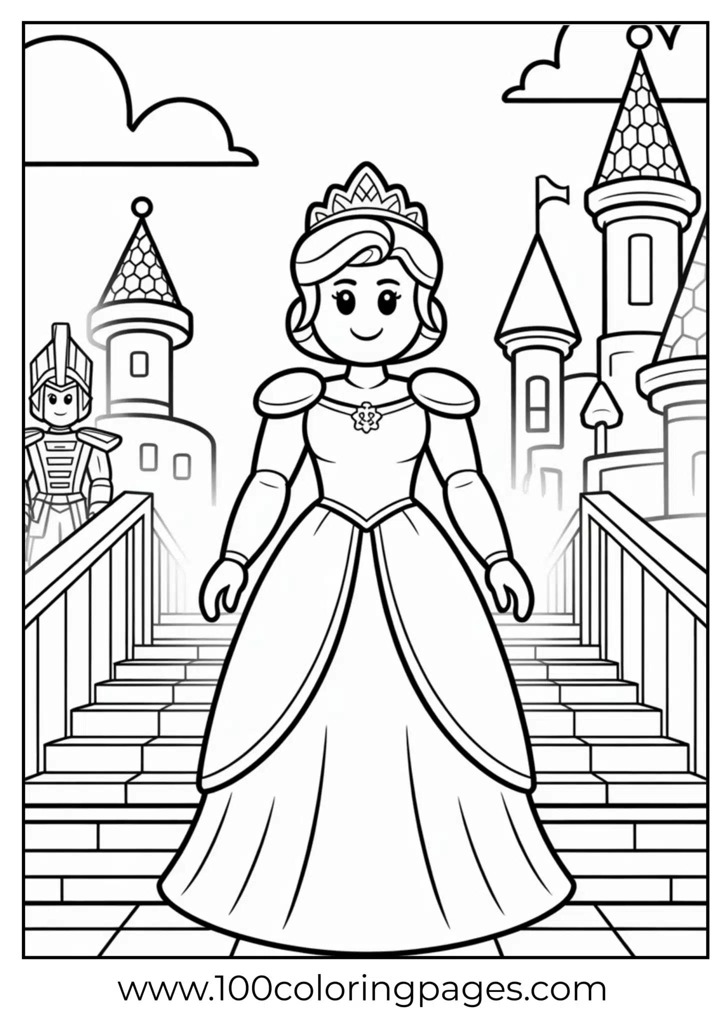 Princess descending castle steps with knight in background
